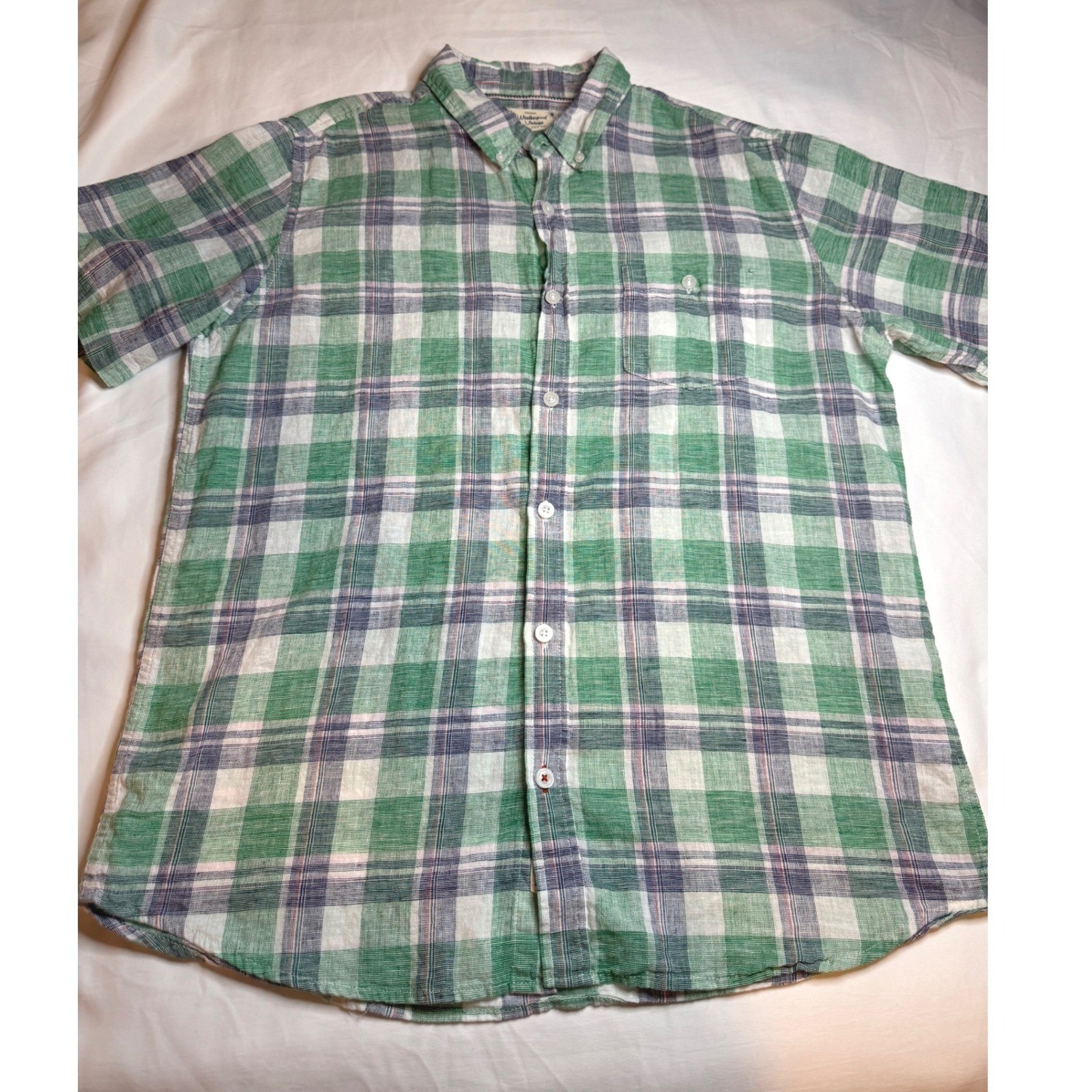 Weatherproof Vintage Mens Large Green Plaid Linen Cotton Short Sleeve Shirt