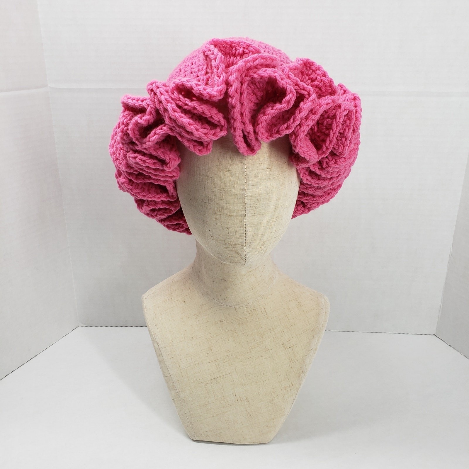 Handmade Crochet Ruffle Hat Pink Statement Bonnet Cozy Winter Unique Artisan