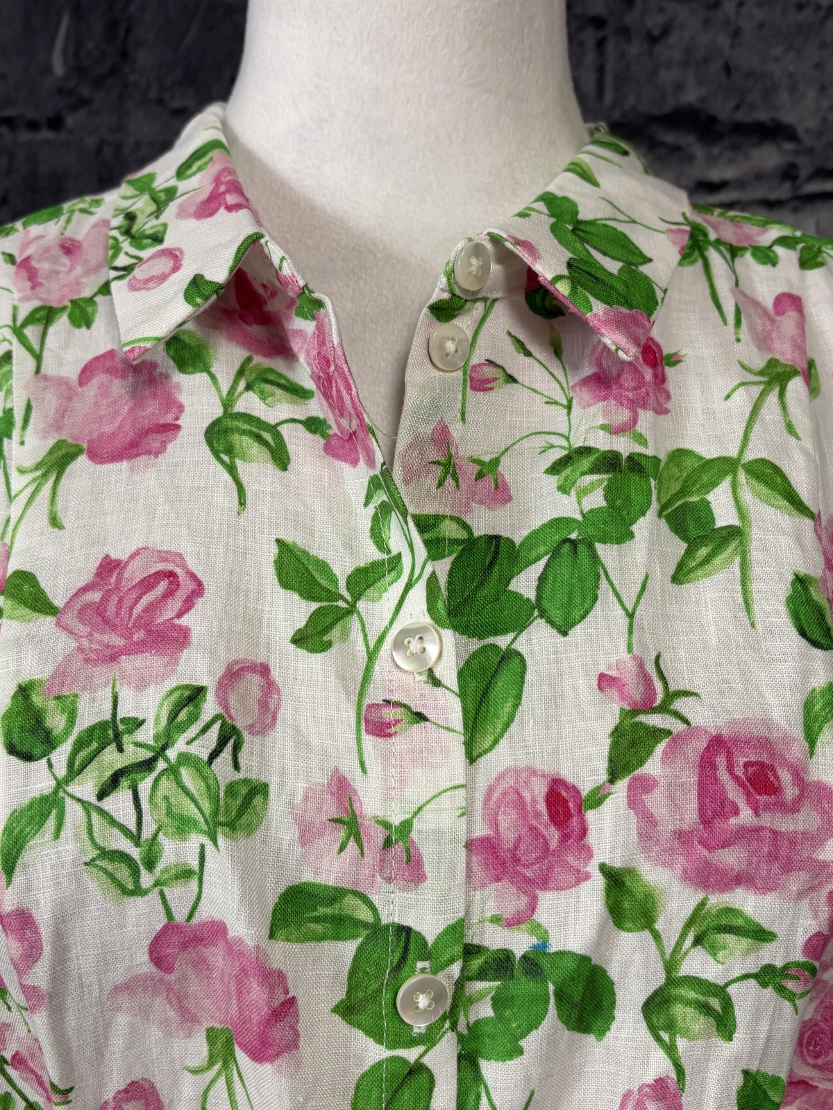 Hill House Laura Dress Womens Medium Pink Roses Linen Collared Belted Pockets