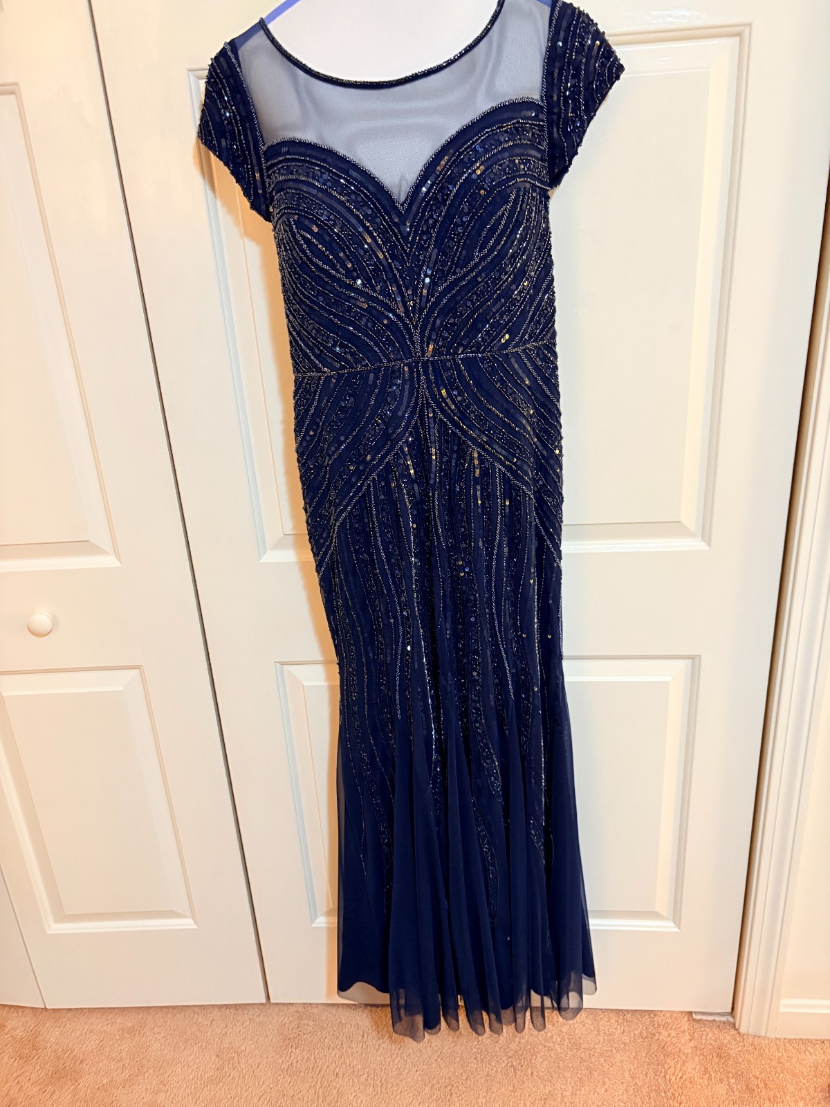 Adrianna Papell Beaded Navy Gown Sz 14 Mother of Bride Elegant Wedding Dress