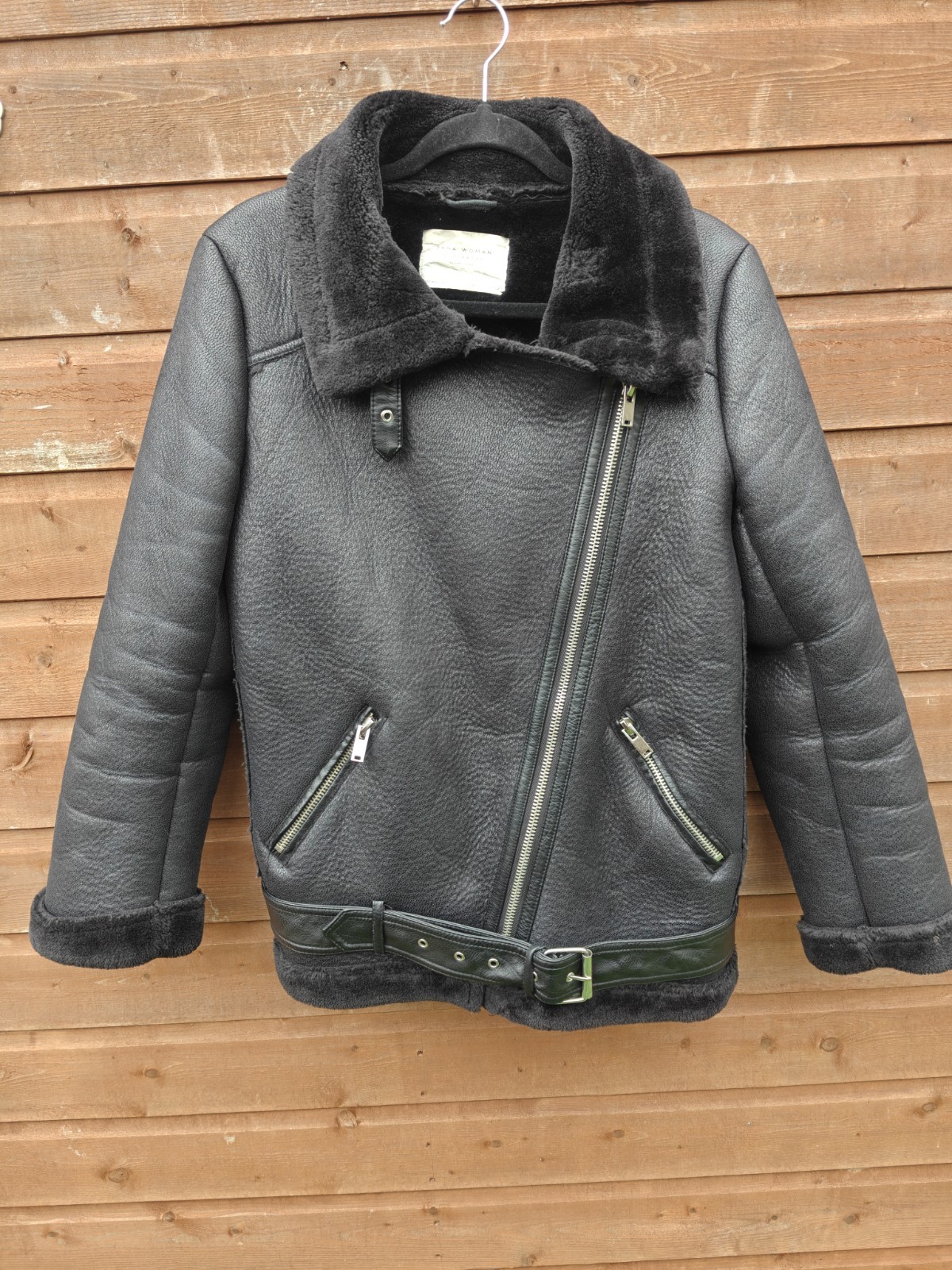 Zara Women’s Black Aviator Jacket Size Small Belted Faux Leather Faux Fur Trim