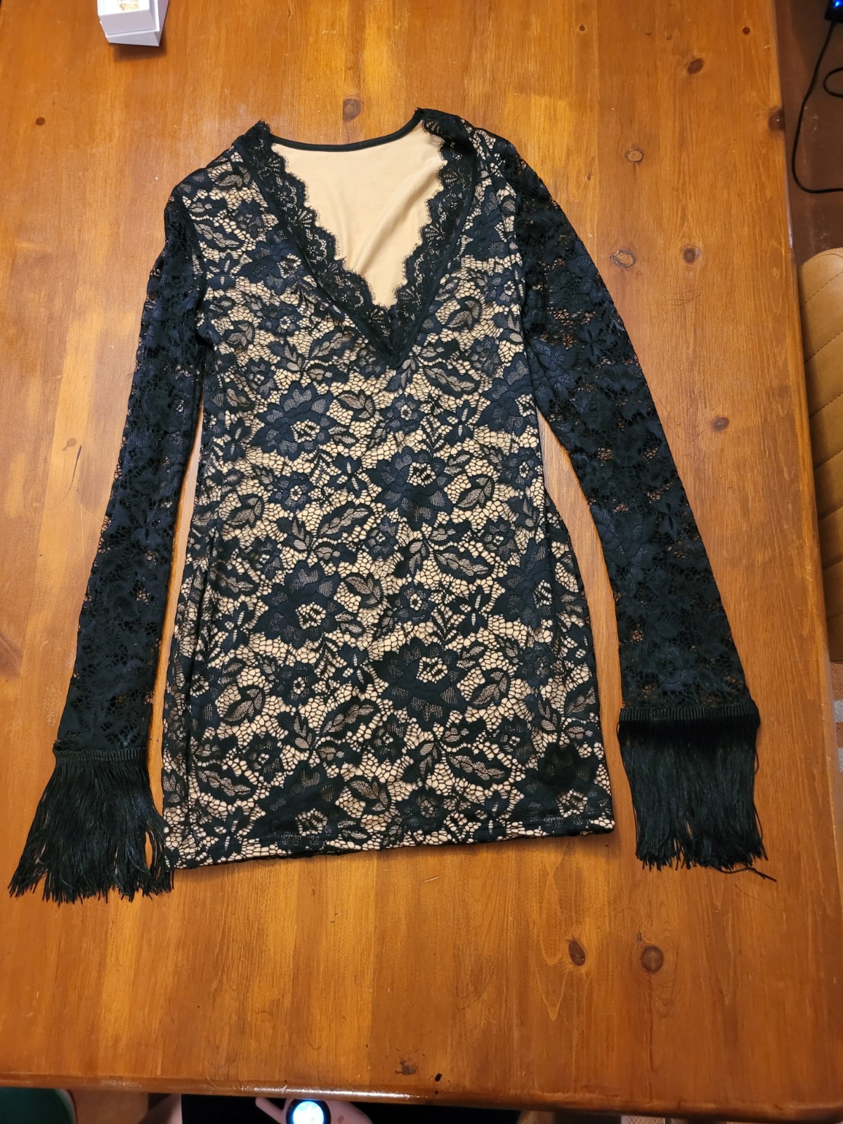 SweatyRocks Lace Mini Dress Floral Deep V Neck Fringe Sleeve Black Nude L Fits M