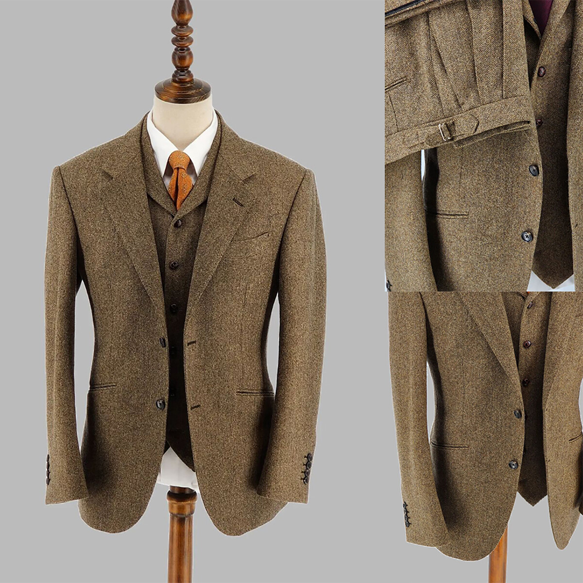 Brown Business Men Suits Herringbone Formal Classic Regular fit Wedding Tuxedo