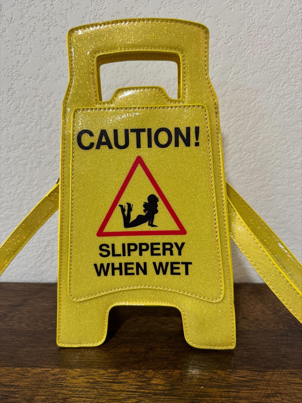 Dolls Kill Glitter Caution Slippery When Wet Crossbody Purse Yellow Novelty Bag