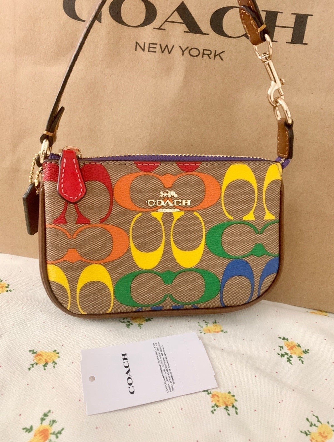NWT Coach Rowan Bucket Bag In Rainbow Signature Canvas CDA92 Sand Multi