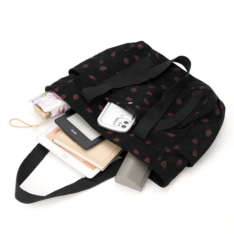 CUTE STRAWBERRY CORDUROY LARGE SHOULDER TOTE BAG WITH ZIPPER FRONT BUTTON POCKET