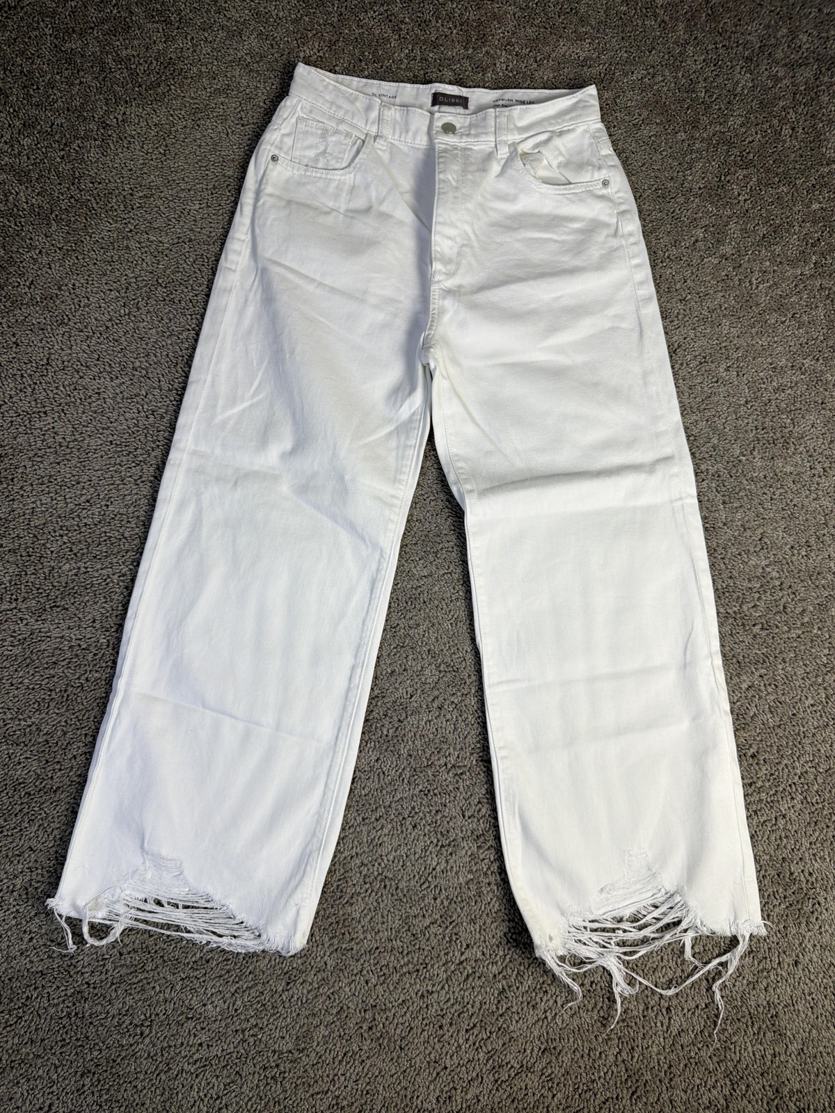 DL1961 Jeans Womens 28 White Hepburn Wide Leg High Rise Distressed Fringe 26in