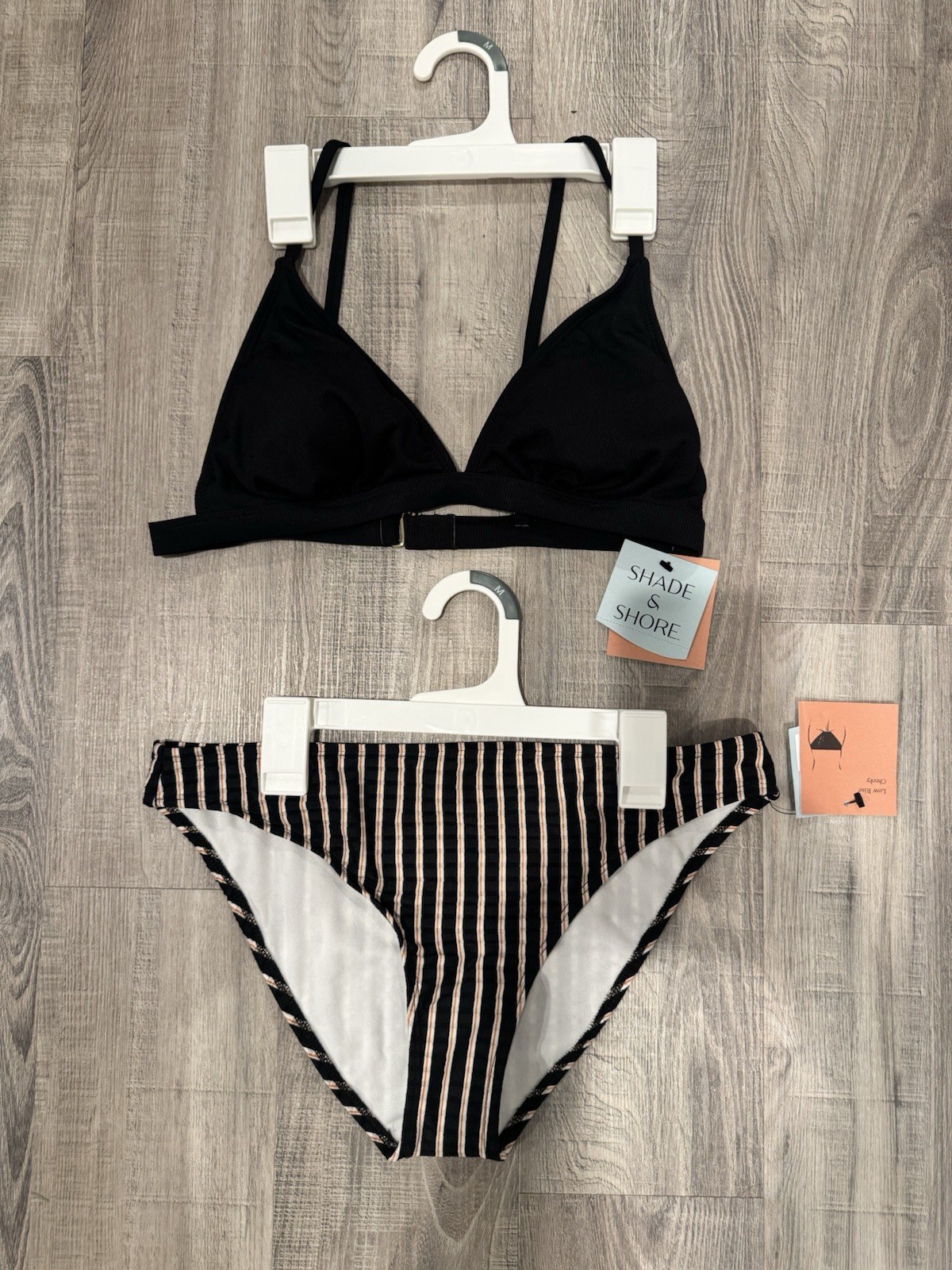 Shade & Shore Black Striped Bikini Set Bralette Cheeky Adjustable Straps Medium