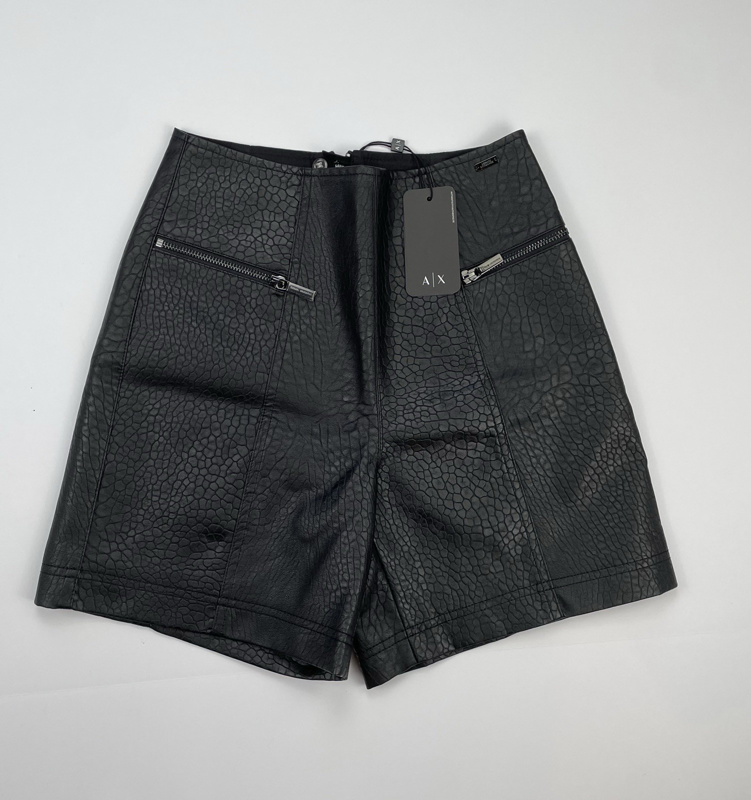NWT Armani Exchange Eco Leather High Rise Shorts Black Textured Moto Goth Size 2