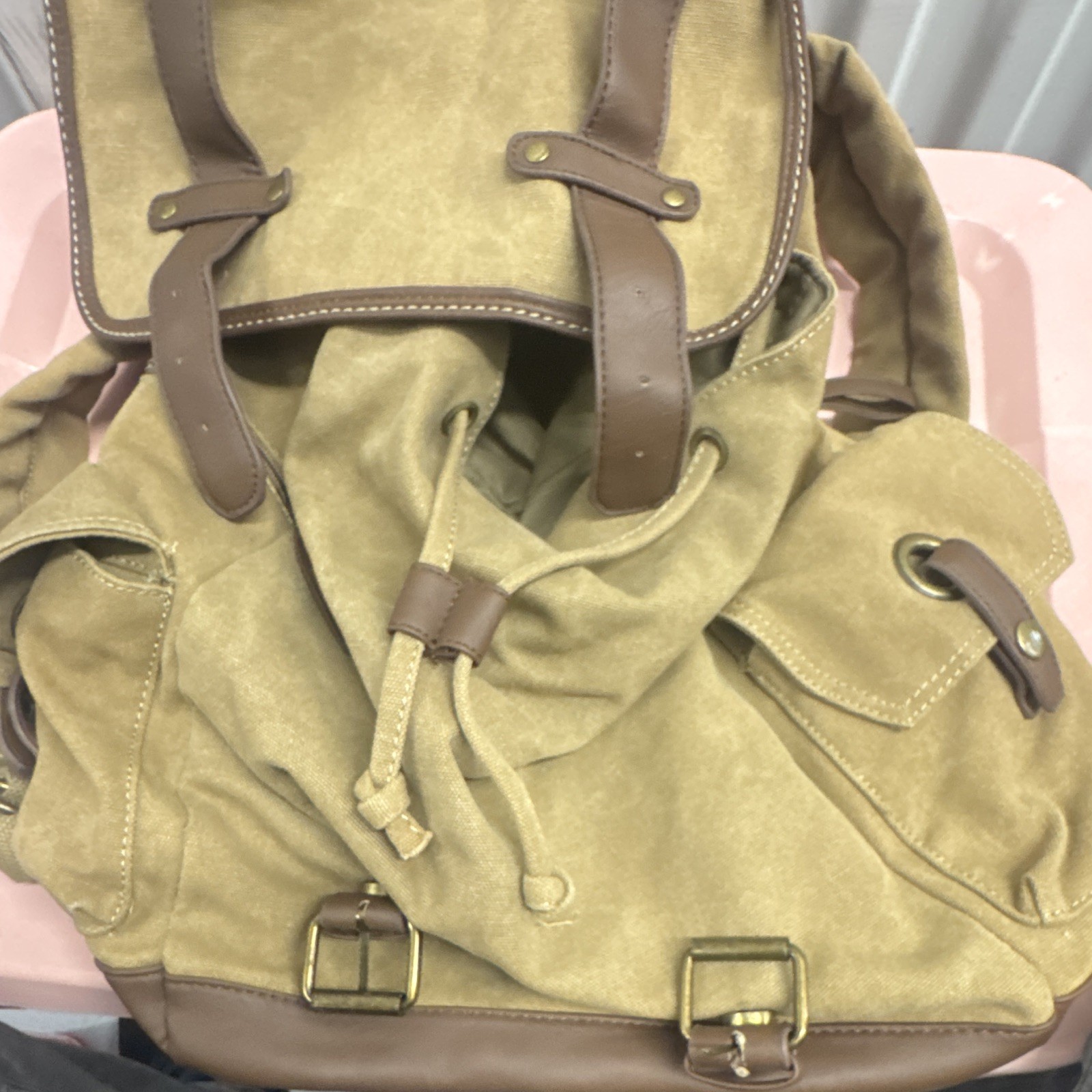 Vtg Canvas Backpack Leather Straps Buckles Brown Khaki Rucksack Mountaineering