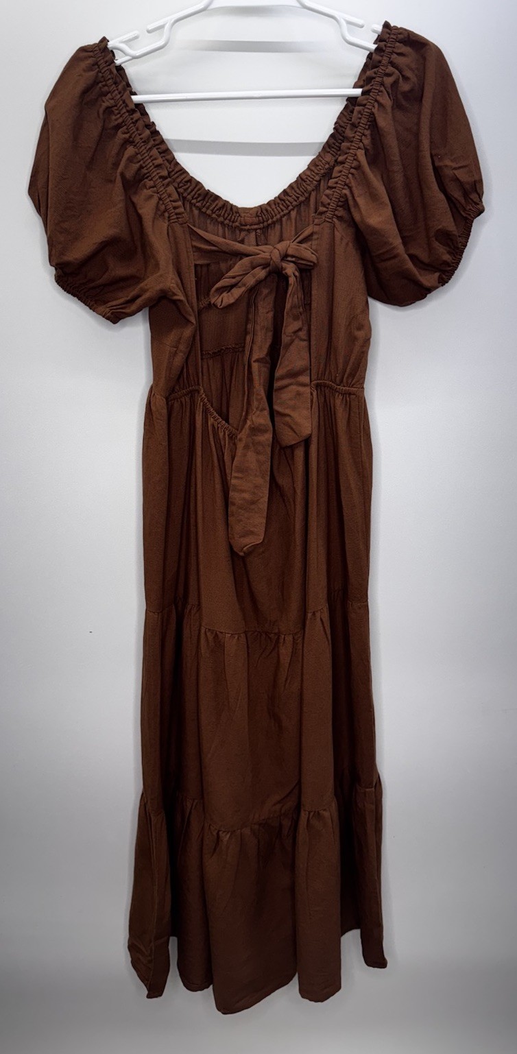 Sim & Sam NWT Tiered Linen Blend Maxi Dress Open Back With Ties Beach Earthy M