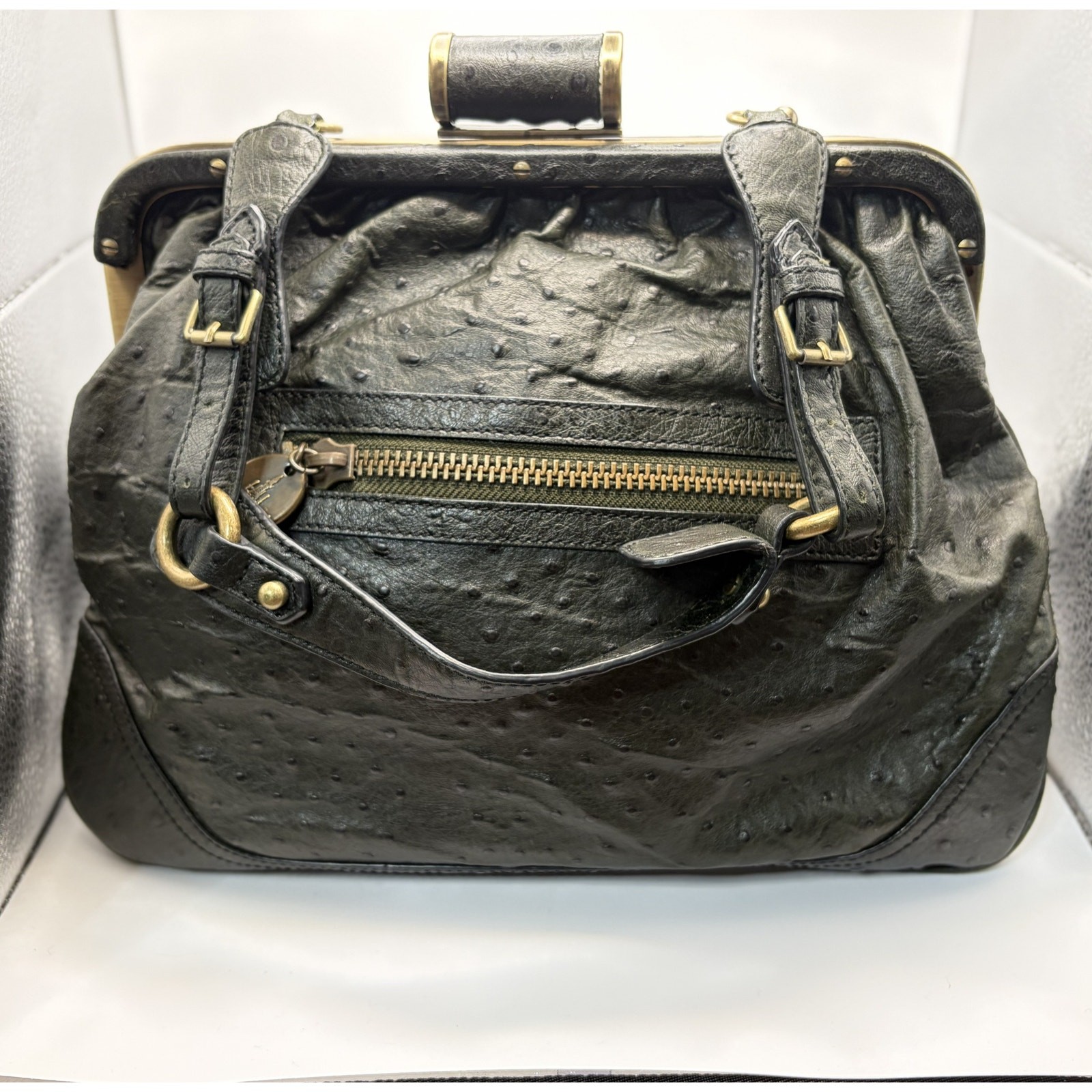 Tracy Reese New York Black Embossed Leather Doctor Bag Satchel Frame Handbag