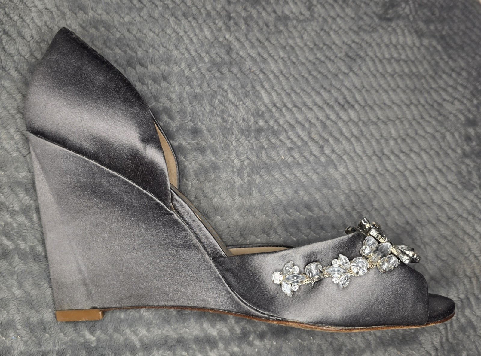 David Tutera Women’s Gray Satin Open Toe Wedge Heels with Rhinestone Accents