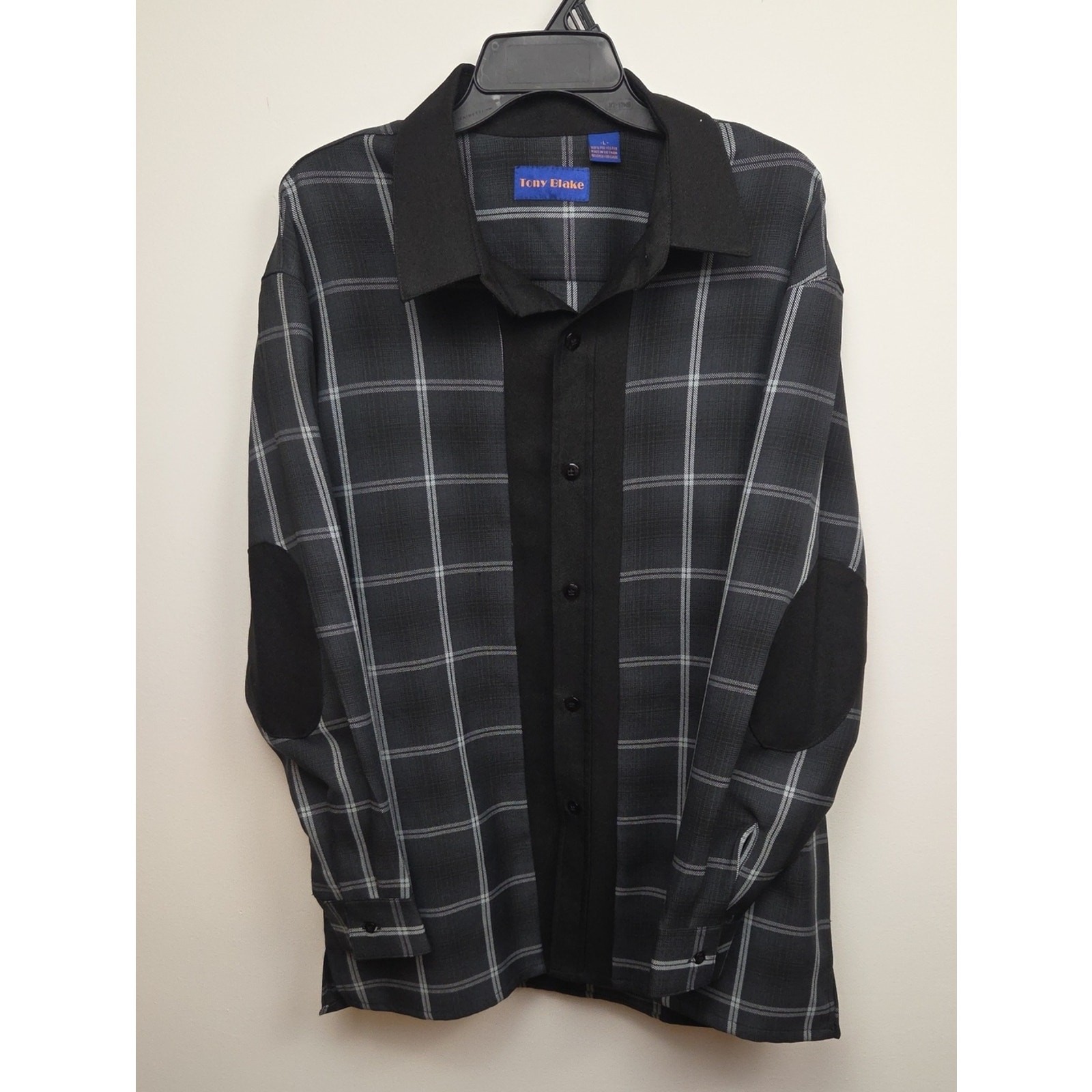 Tony Blake Mens Grey Long Sleeve Elbow Patch Plaid Panel Button Down Shirt Large