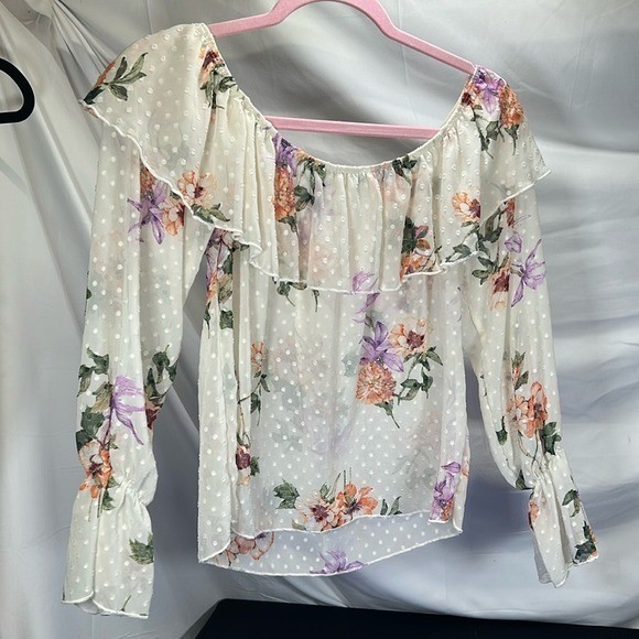 Toska Floral On/Off Shoulder Ruffle Slightly Sheer Long Slv Festivals Boho S