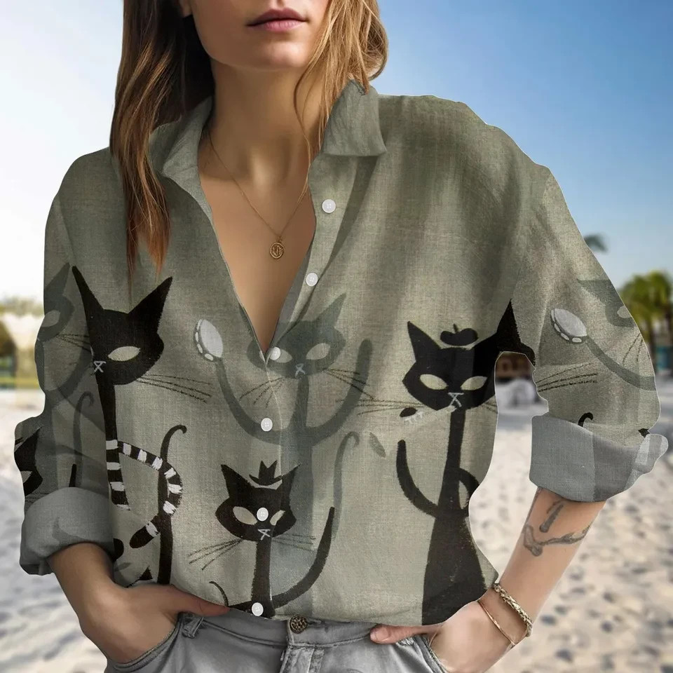 Vintage Black Cat Pattern Shirt Funny Feline Lover Mom Blouse Casual Gift
