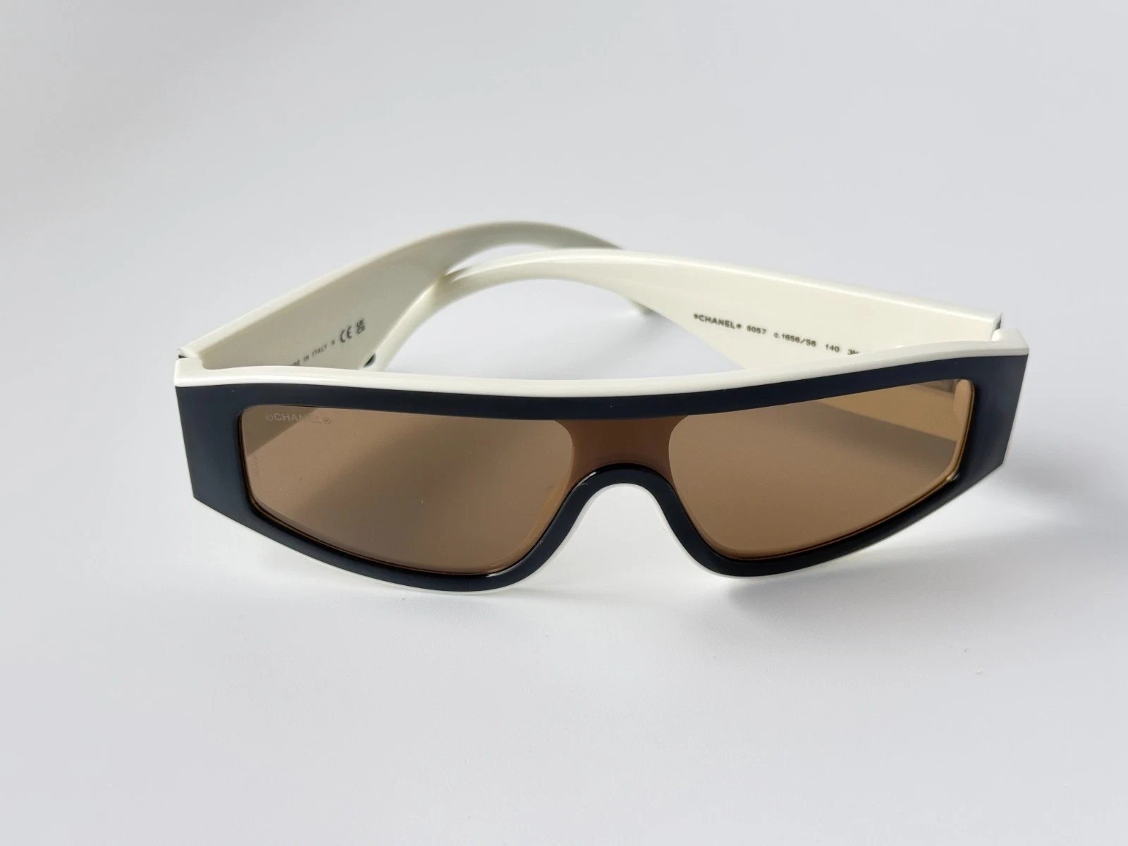 CHANEL CH6057 Shield Wrap Sunglasses Black Beige Brown Lens Unisex 54-19-145