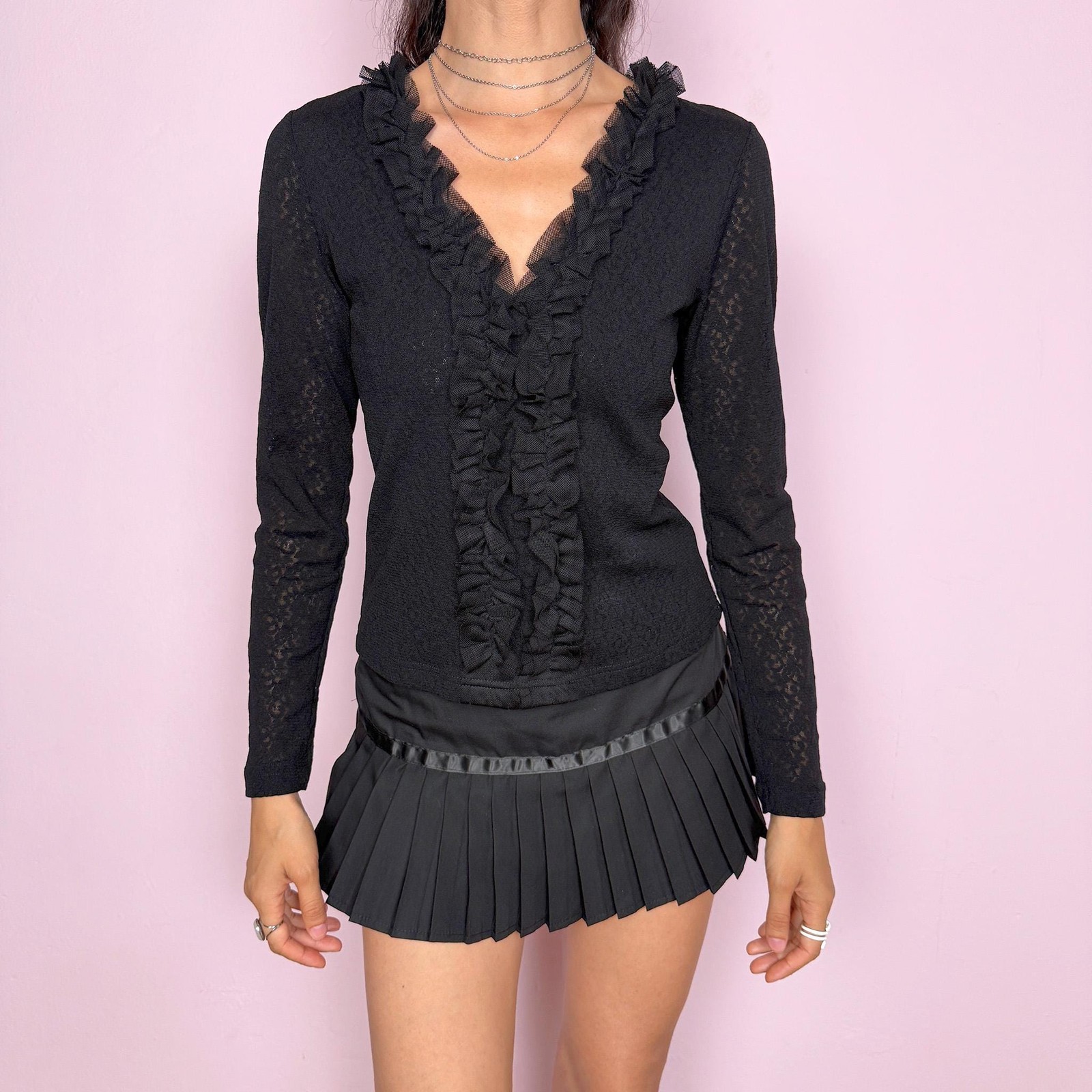 Vintage Black Lace Ruffle Top Mesh Victorian Goth 90s Y2K Size M