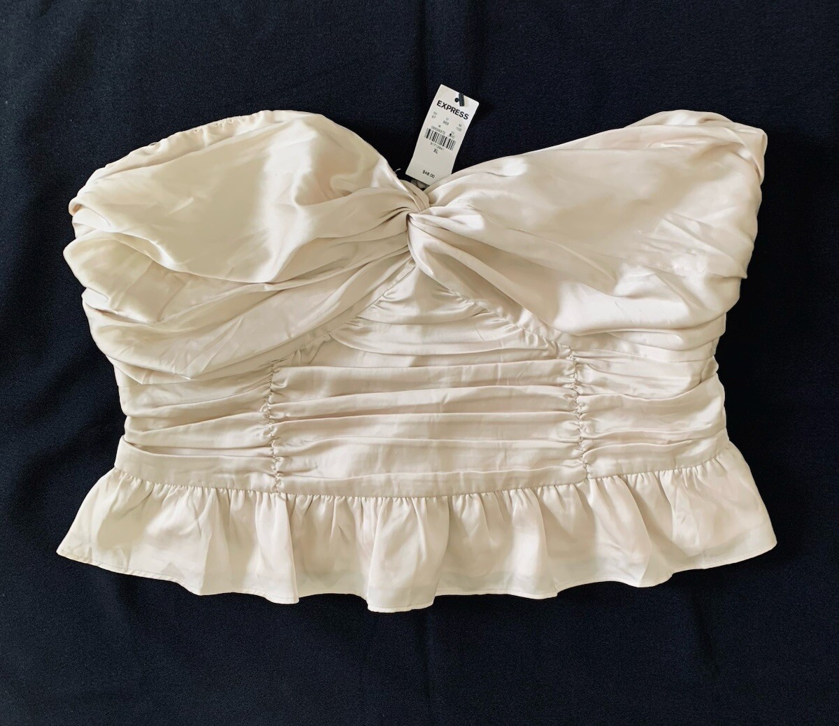 Express Strapless Peplum Pleated Satin Top Sz XL Beige Champagne Romantic Fairy