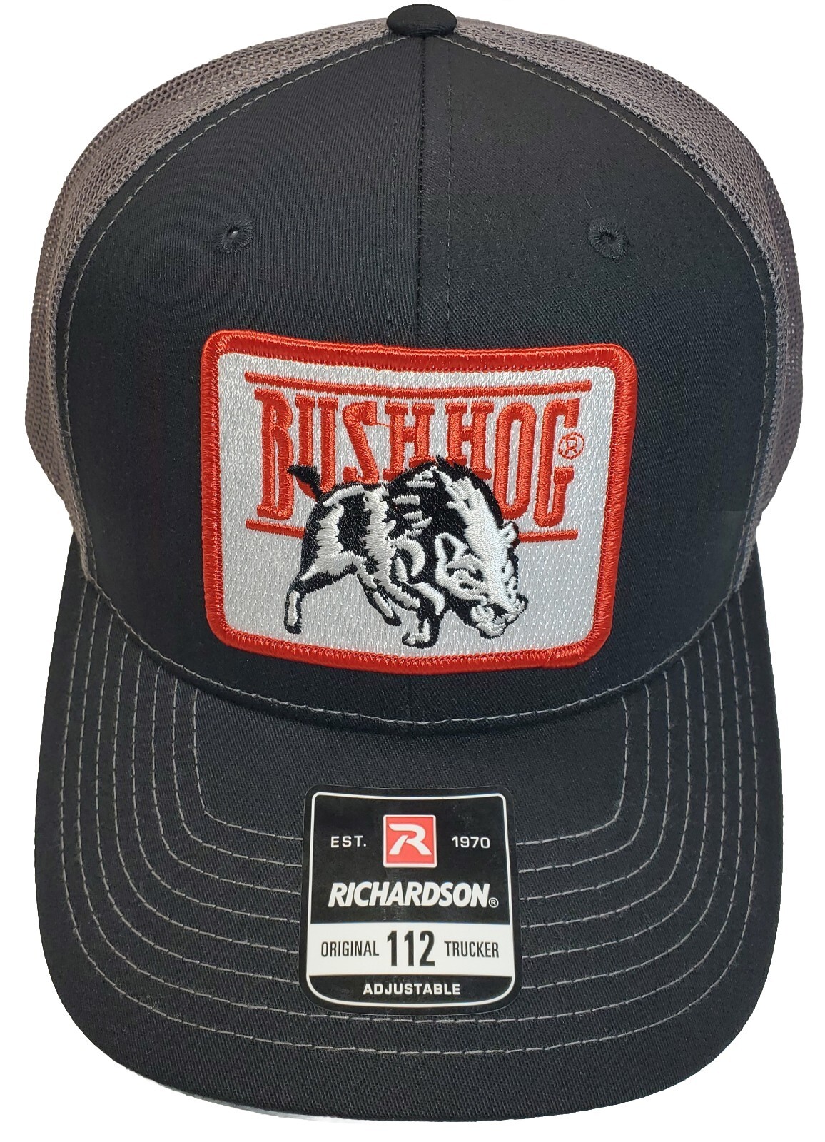 Bush Hog Patch on Richardson 112 Trucker Hat Snapback Black/Charcoal