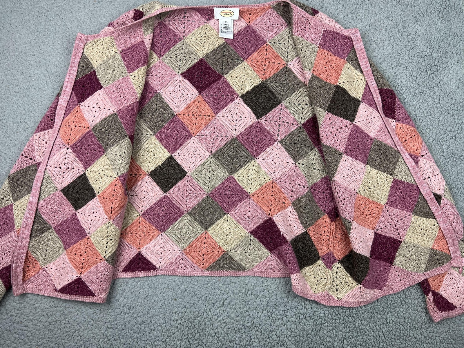 Talbots Cardigan Sweater Womens L/XL Pink Argyle Crochet Knit Zip Cottagecore