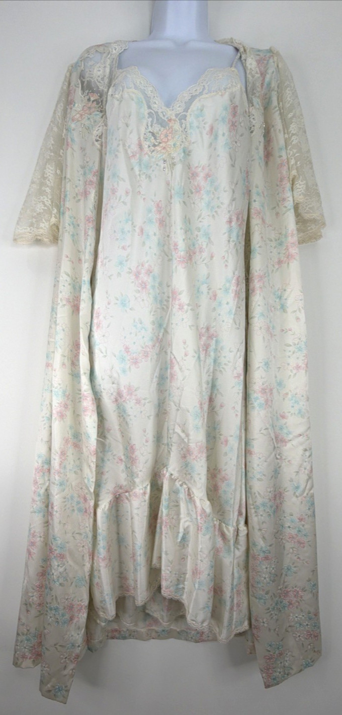 VTG Sara Beth Satin Poly Nightgown Robe Set Pink/Blue Floral Lace Bridal Small