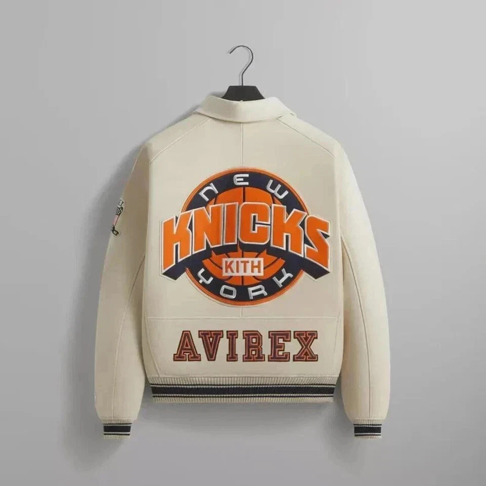 Men’s Avirex X Kith Knicks Bomber Leather Varsity Jacket New York Cream Coat