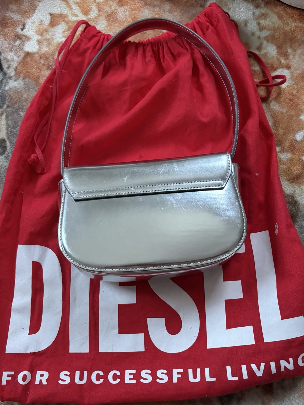 Diesel Silver Metallic Mini Top Handle Bag Logo Print Magnetic Closure
