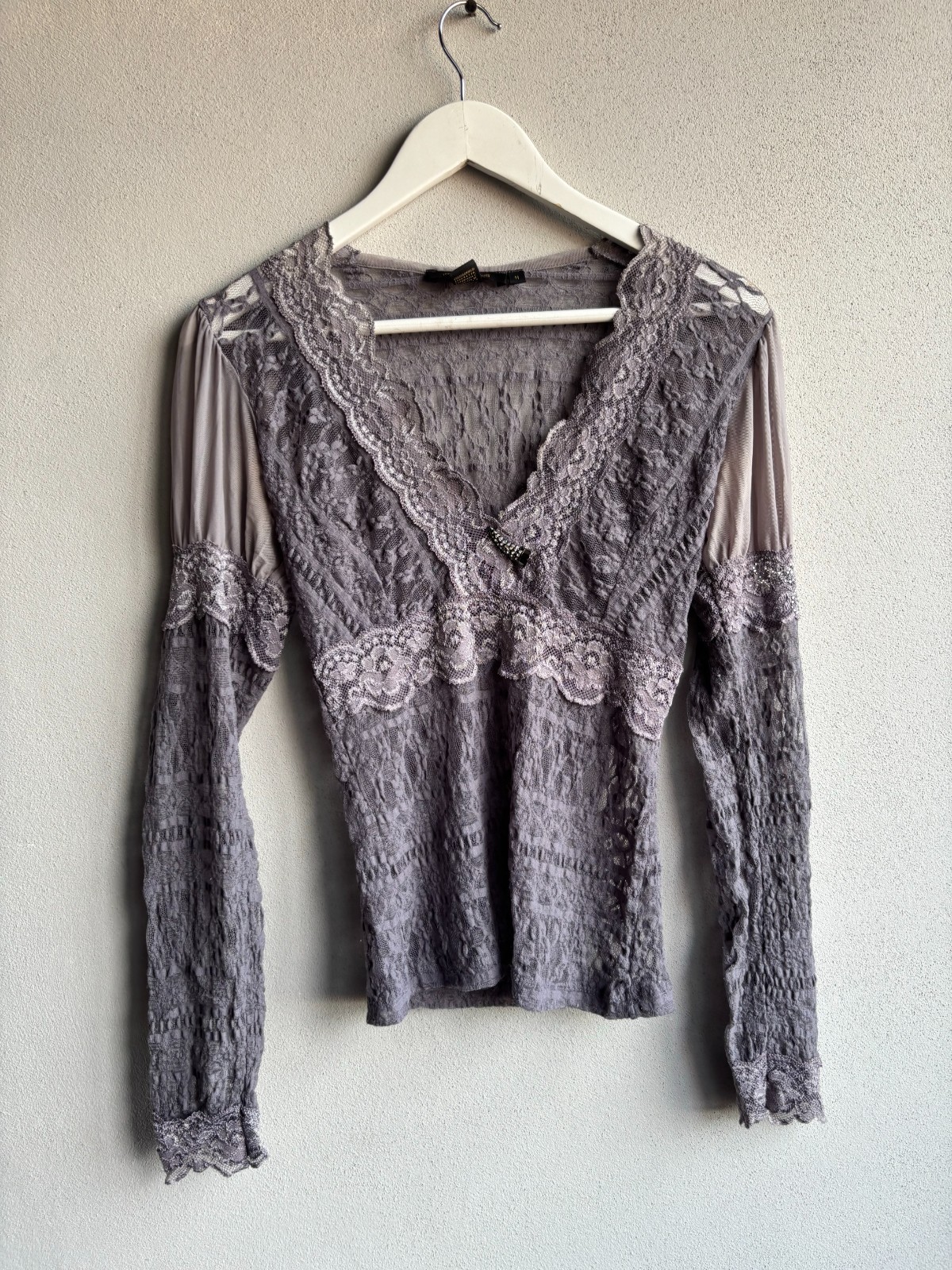 Roberto Cavalli Lace Knit Top Sheer Romantic Boho Designer Luxury Gray Vintage