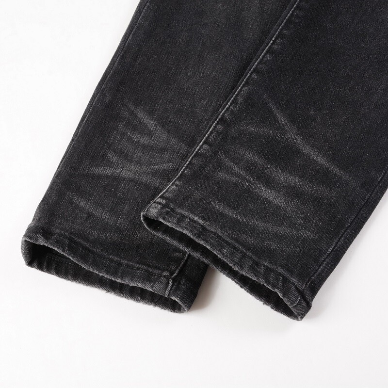 Men’s Black Skinny Stretch Jeans with Pink Patchwork Rips, Raw Hem, Button Waist
