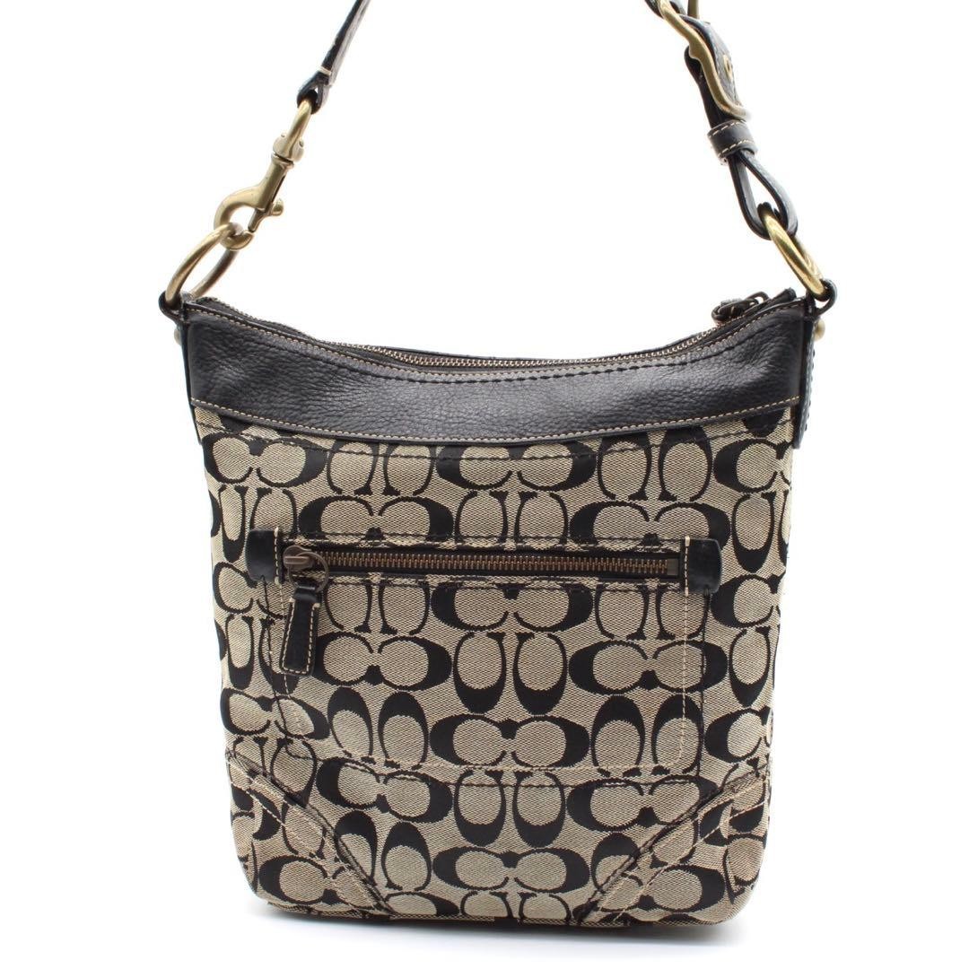 COACH Black Gray Signature Leather F10403 Shoulder Bag DDP USA Shipping 5166