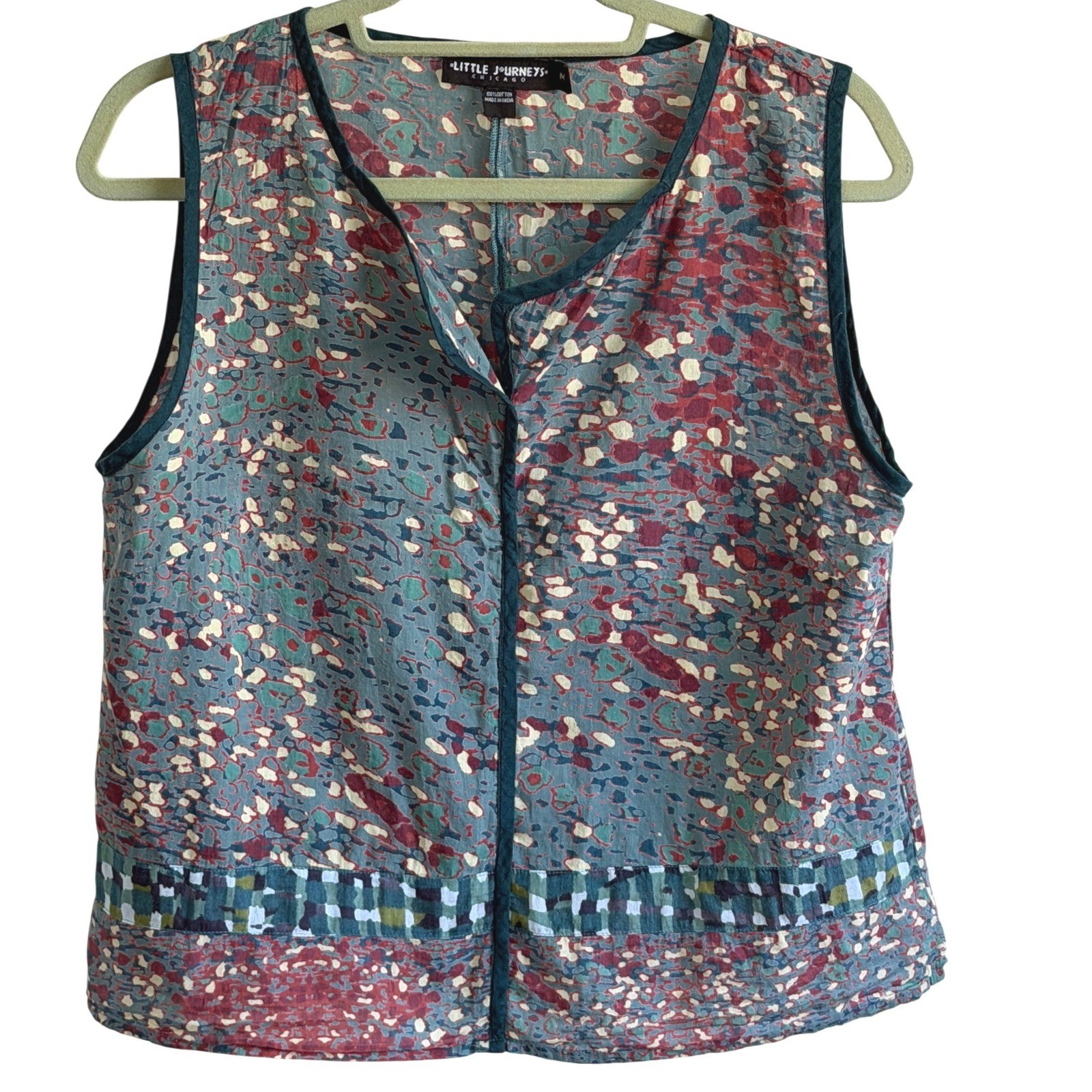 Hand Block Print Abstract Splatter Patchwork Sleeveless Cotton Top Artisanal M