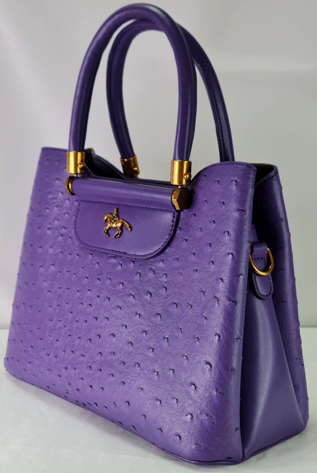 Purple Ostrich Embossed Cow Leather Satchel Top Handle Crossbody Bag Gold Zip