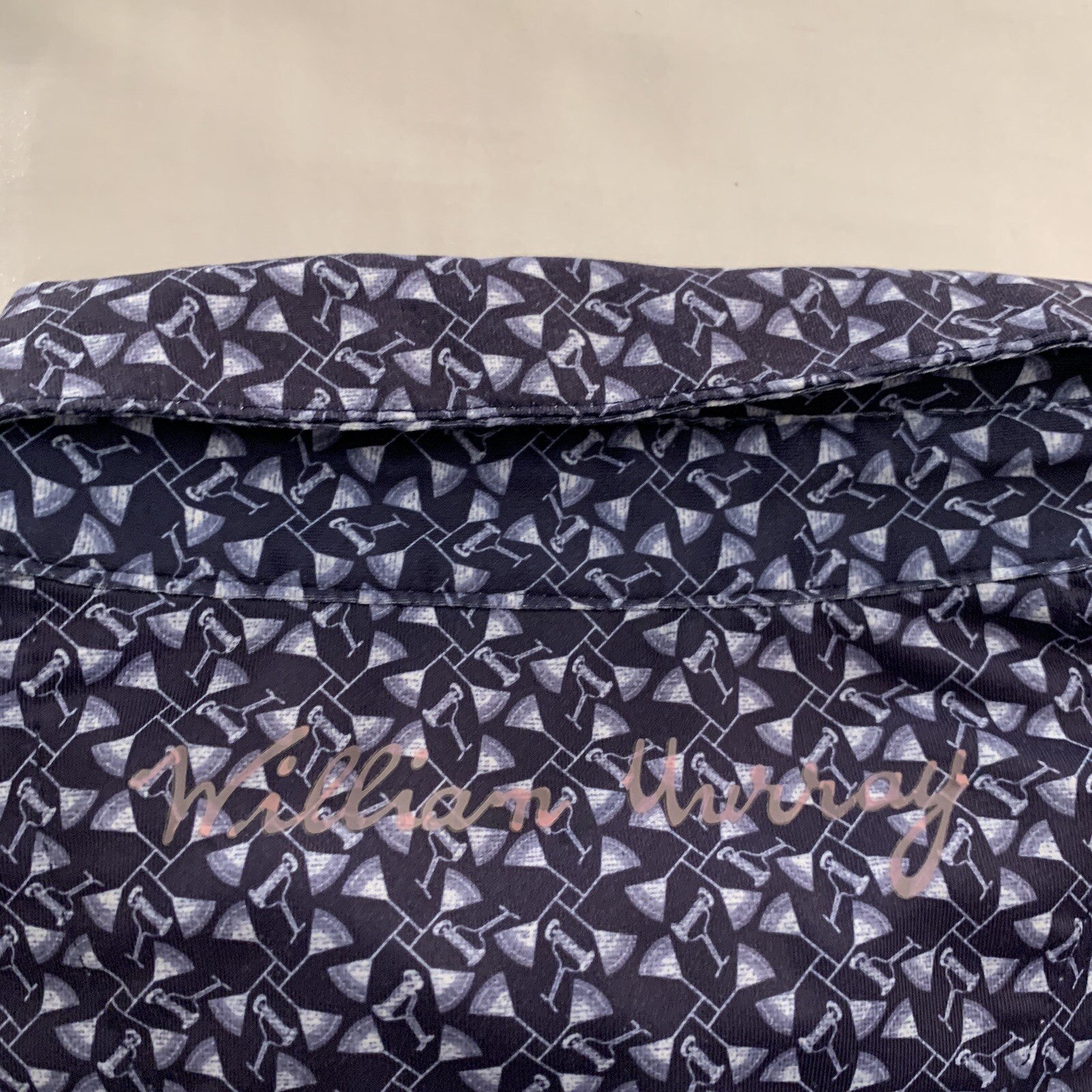 William Murray Polo Shirt Mens Medium Martini Glass Print Navy Bill GUC