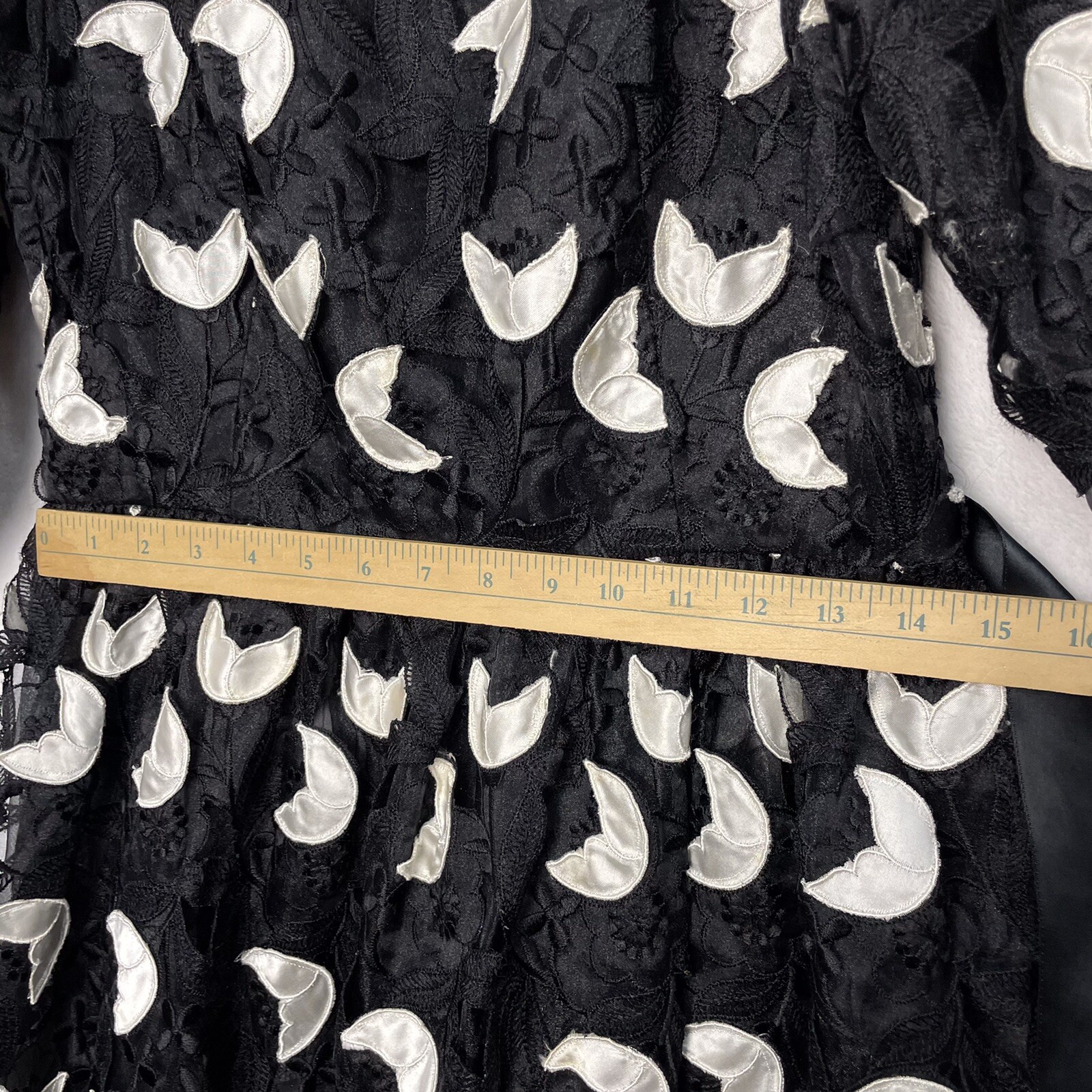 VTG Richilene New York Appliqué Dress Black White Floral Lace 14 L Union 80s USA