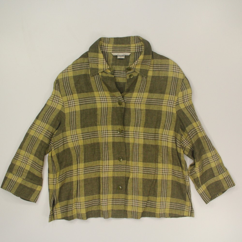 Peter Nygard Women’s 100% Linen Button-up Shirt Size 8 Olive Plaid Lagenlook