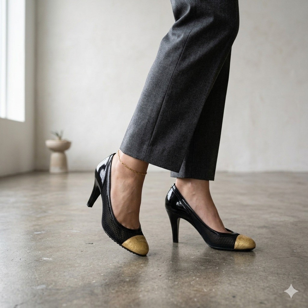 Chanel Mesh And Leather Black Gold Heels Sz 37