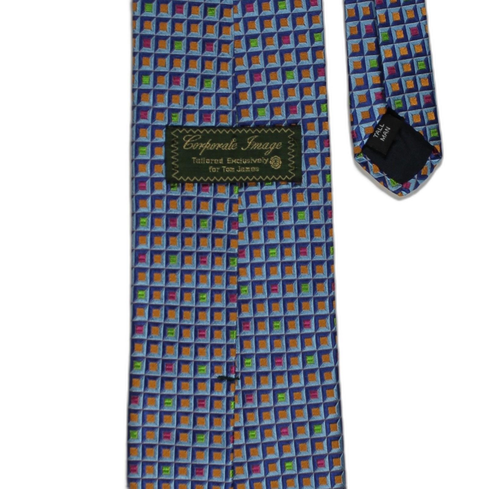 CORPORATE IMAGE TOM JAMES XL Silk Tie Blue Orange Green Geometric Mens Necktie