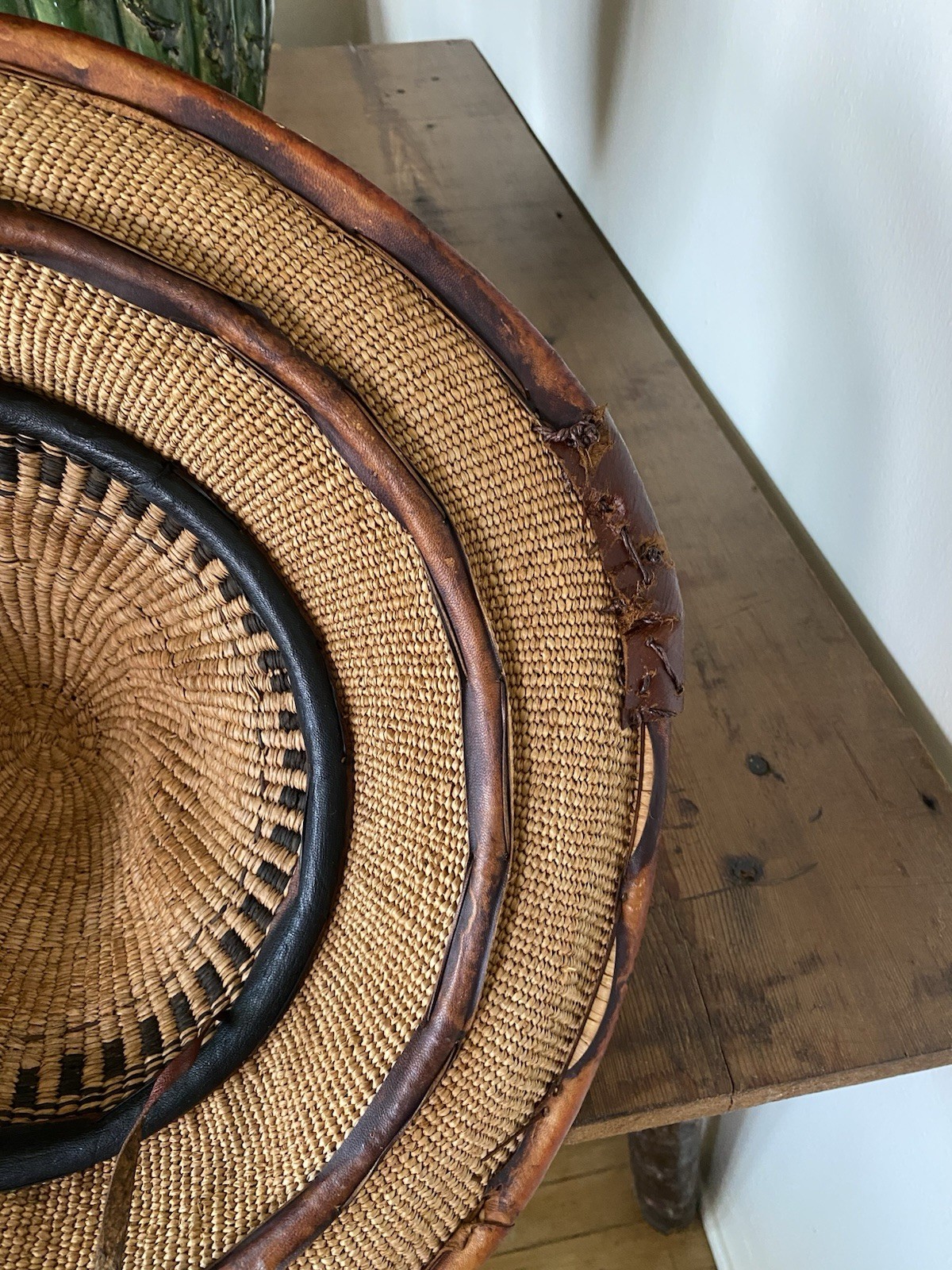 Antique African Ghanaian Hat ~ Traditional Conical Woven Straw & Leather ~19in