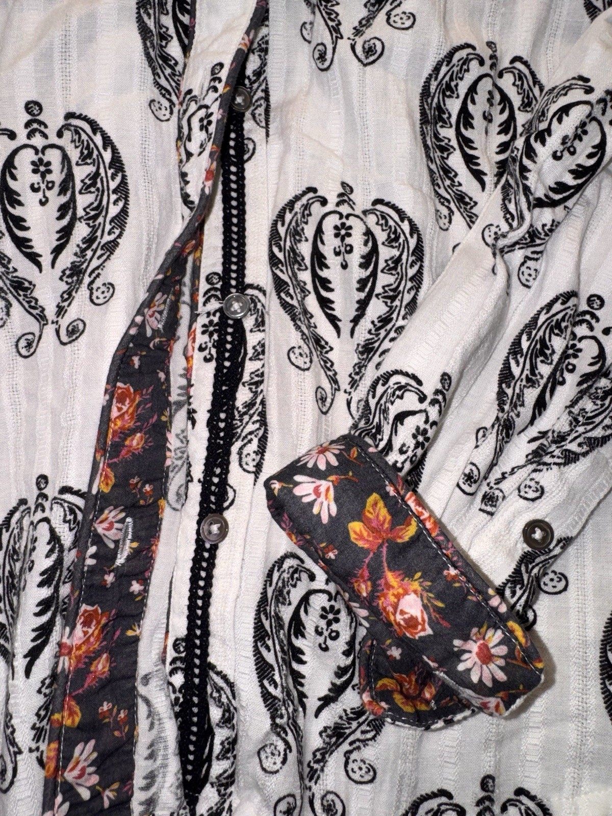 Sundance Women’s S White/Black Paisley Embroidered Collared Woven Cotton Shirt