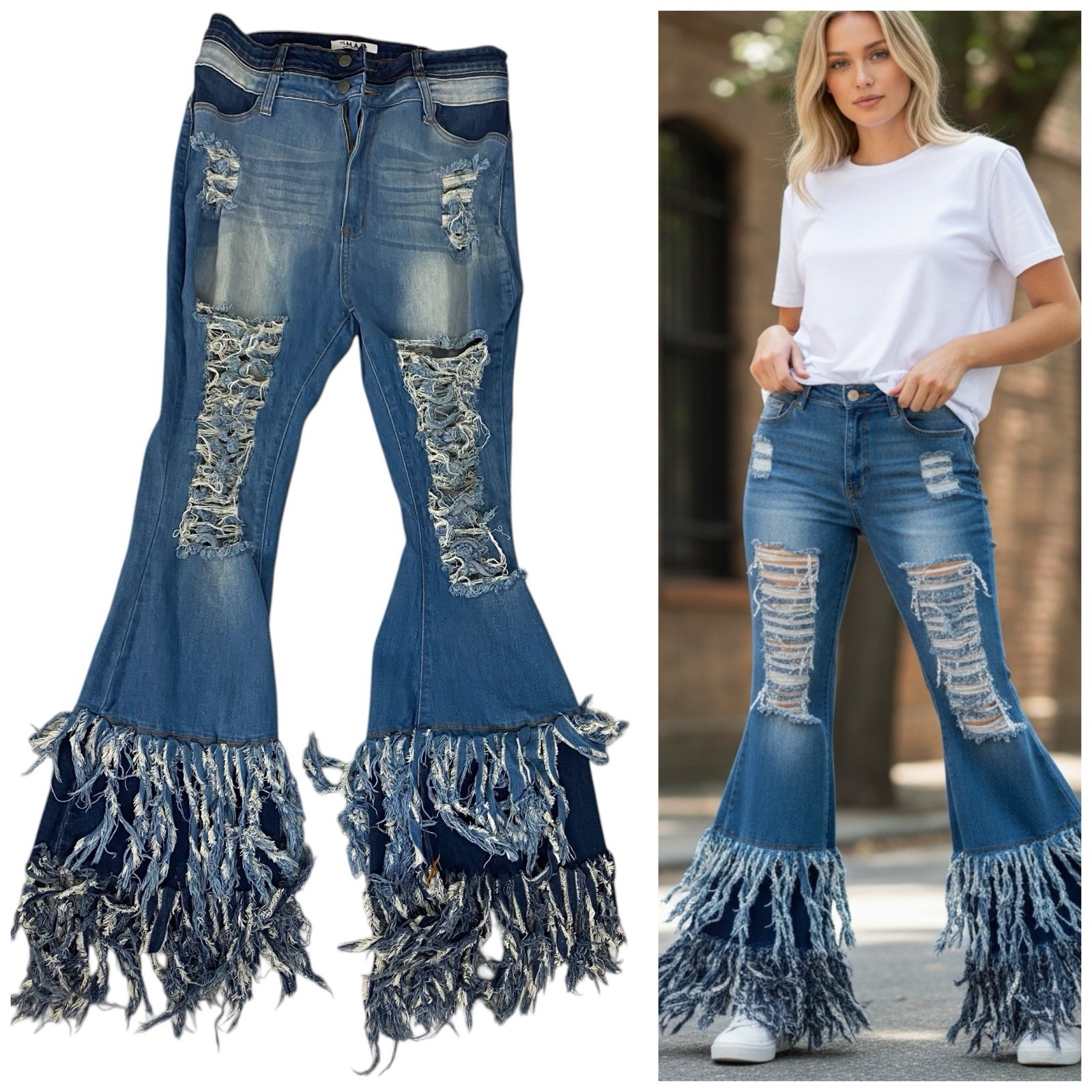 MAP Jeans Womens 1XL Distressed Fringe Leg Stretch Festival Thrashed High Rise