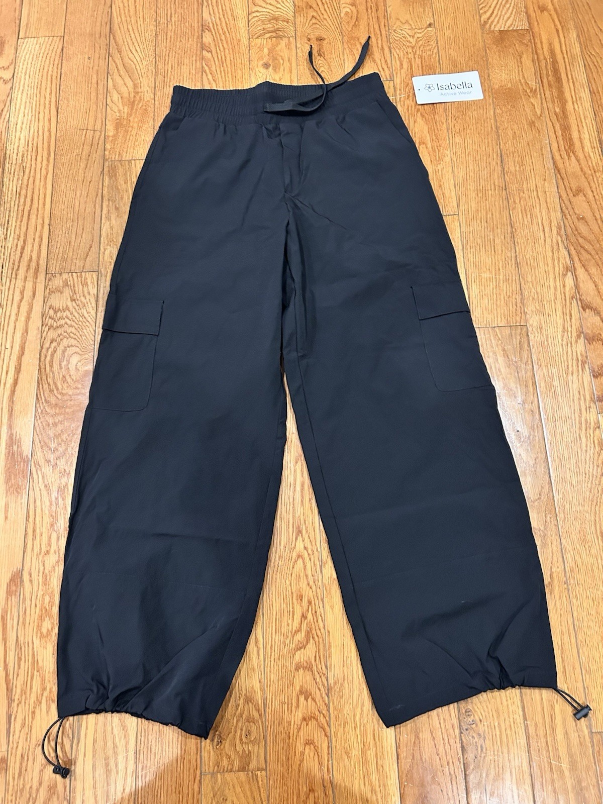 Isabella Active Wear Black Cargo Pants S Wide Leg Cinched Parachute Joggers