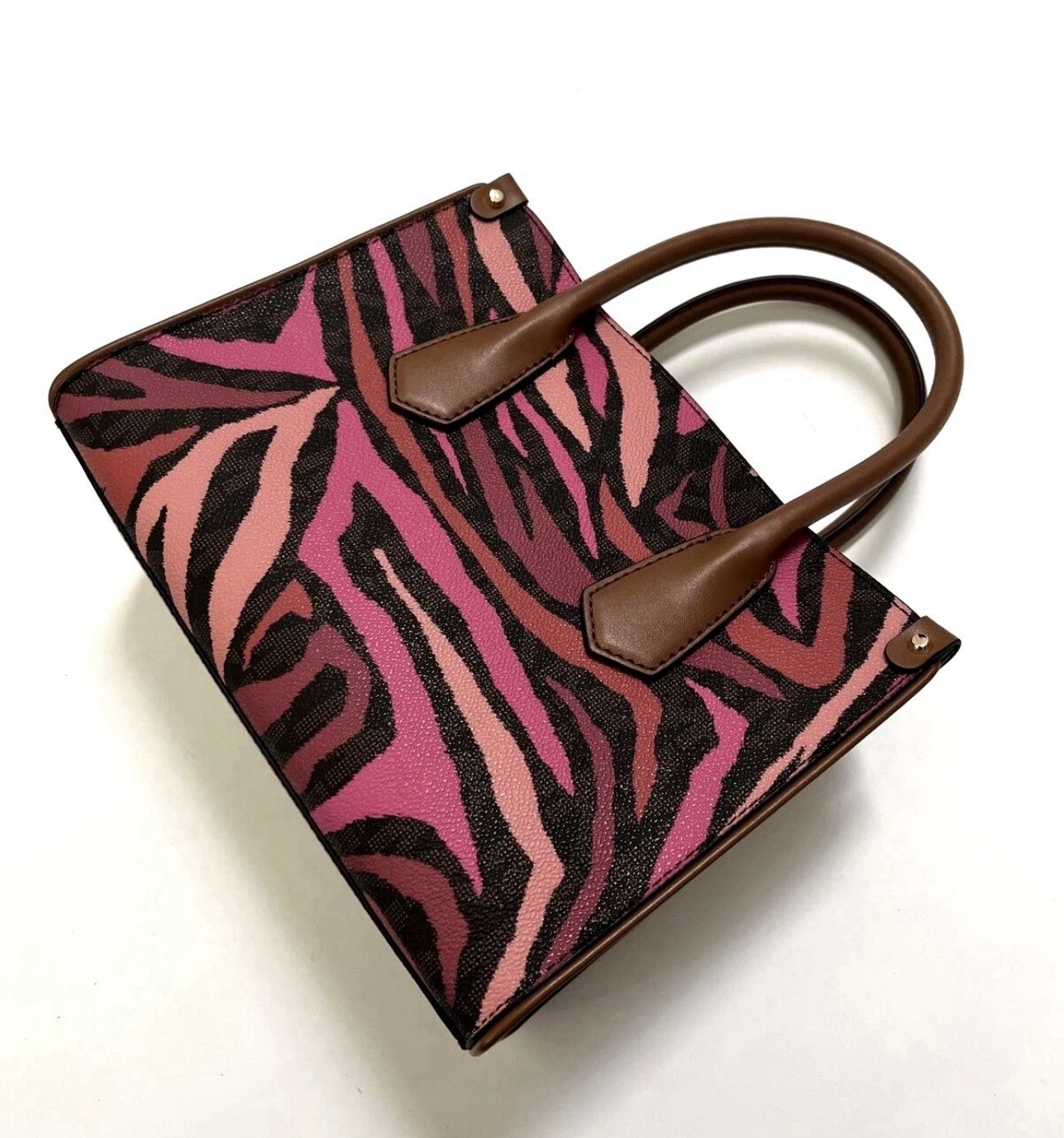 Michael Kors Small Zebra Print Satchel Top Handle Zip, Inner Pockets Gold