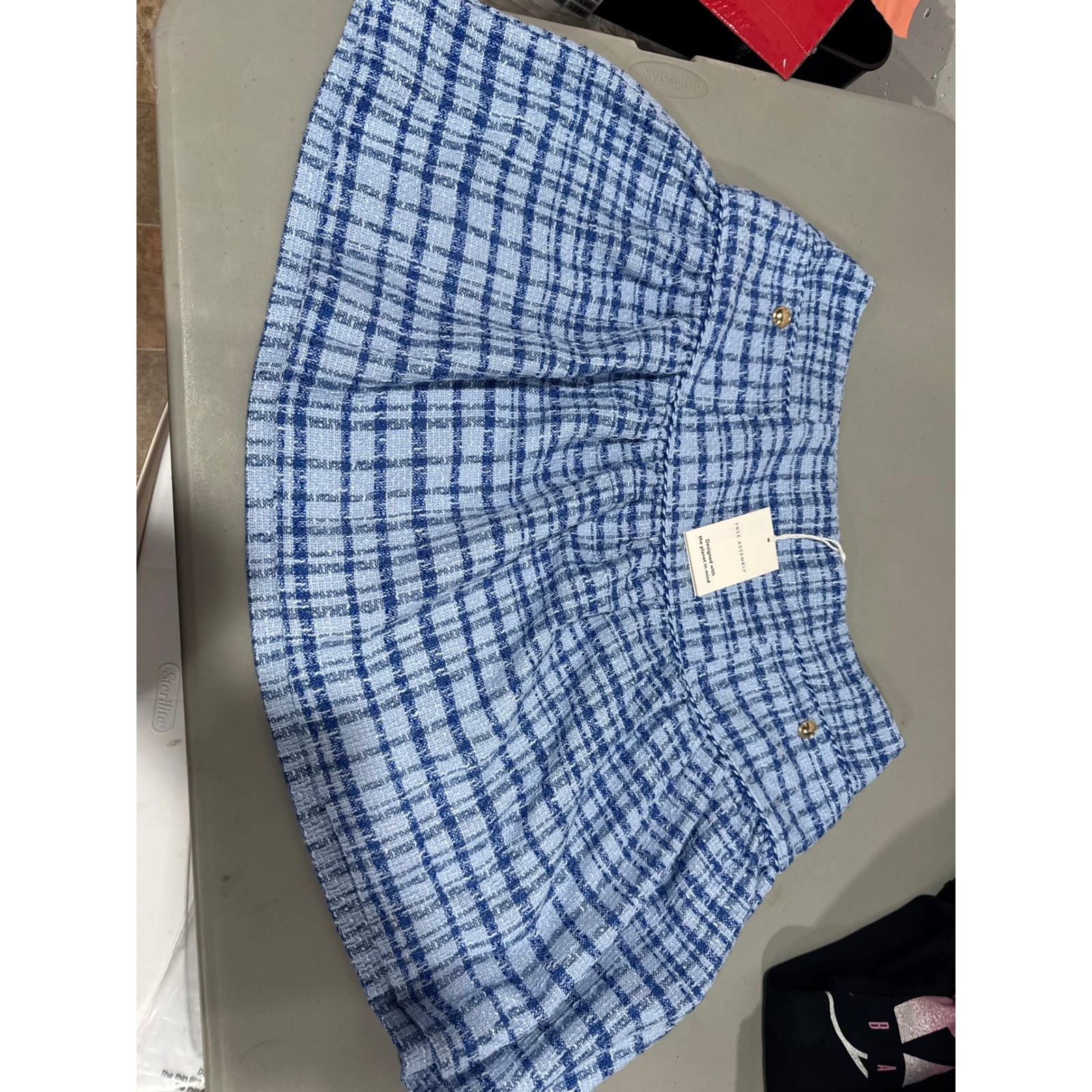 Free Assembly Womens Blue White Plaid Tweed Drop Waist Mini Skirt Size 14 NWT