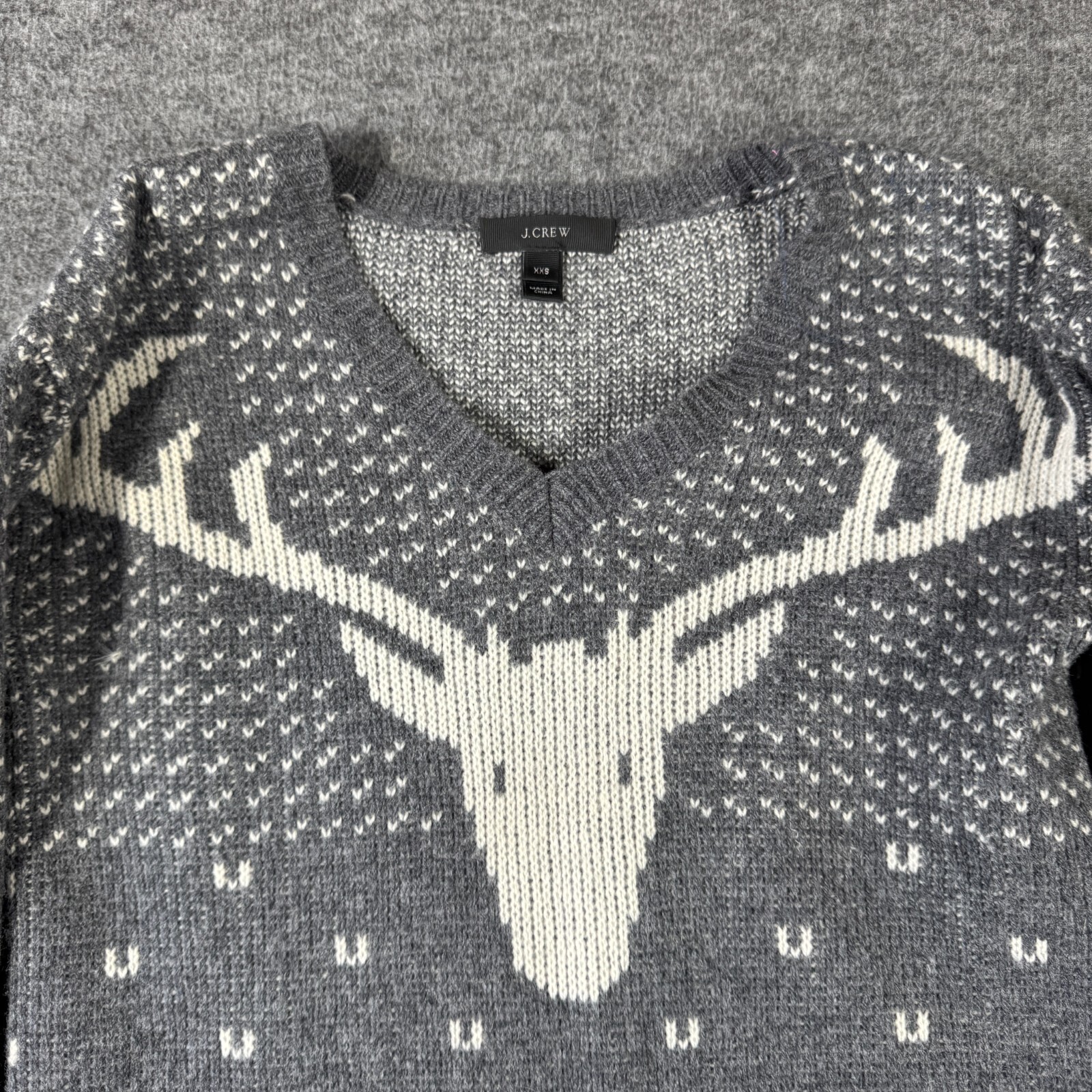 J.Crew 100% Wool Reindeer Sweater Womens 2XS XXS Gray Long Sleeve