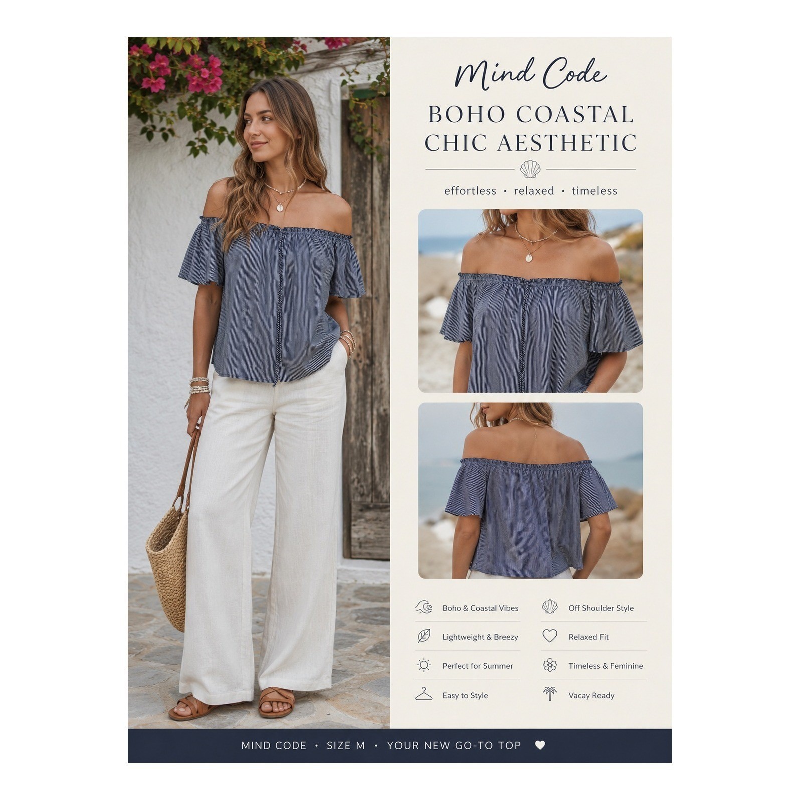 Mind Code Womens Navy White Striped Off Shoulder Boho Blouse Top Size M P211