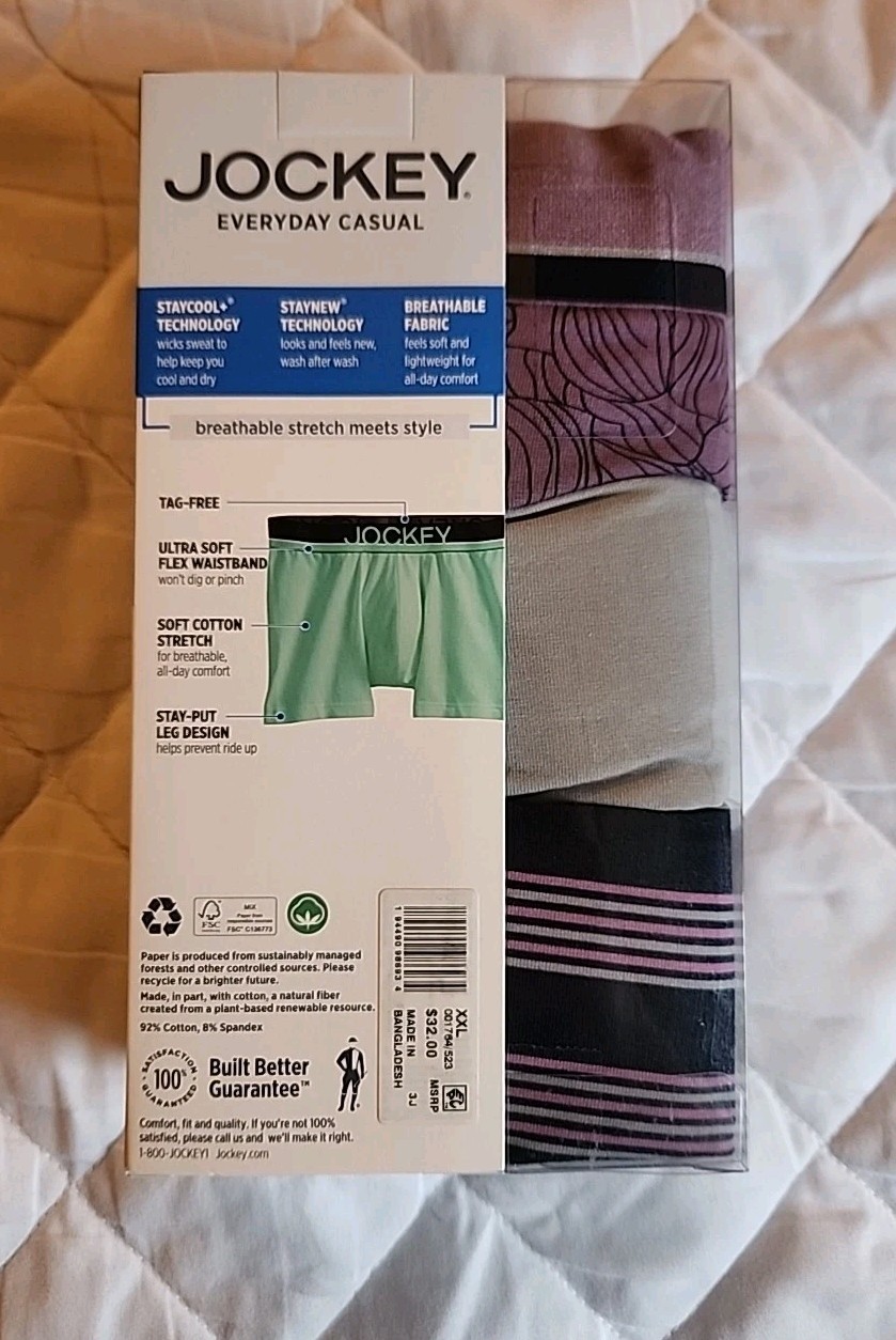 Jockey Men’s Everyday Casual Cotton Stretch 2XL Trunks. 3 Pack. 44-46 Inch Waist