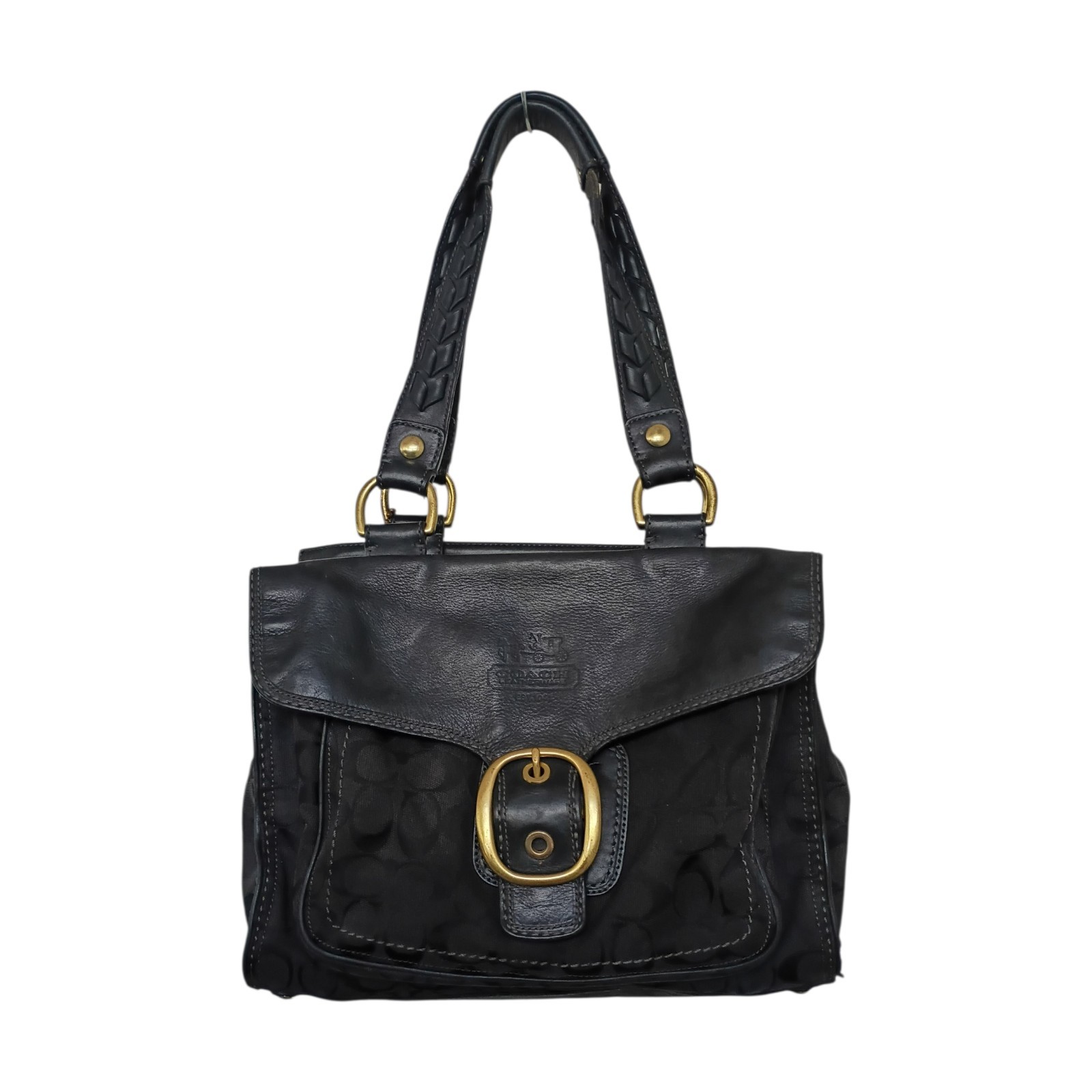 COACH 11435 Vintage BLEEKER Signature Canvas And Leather Flap Shoulder Bag Black