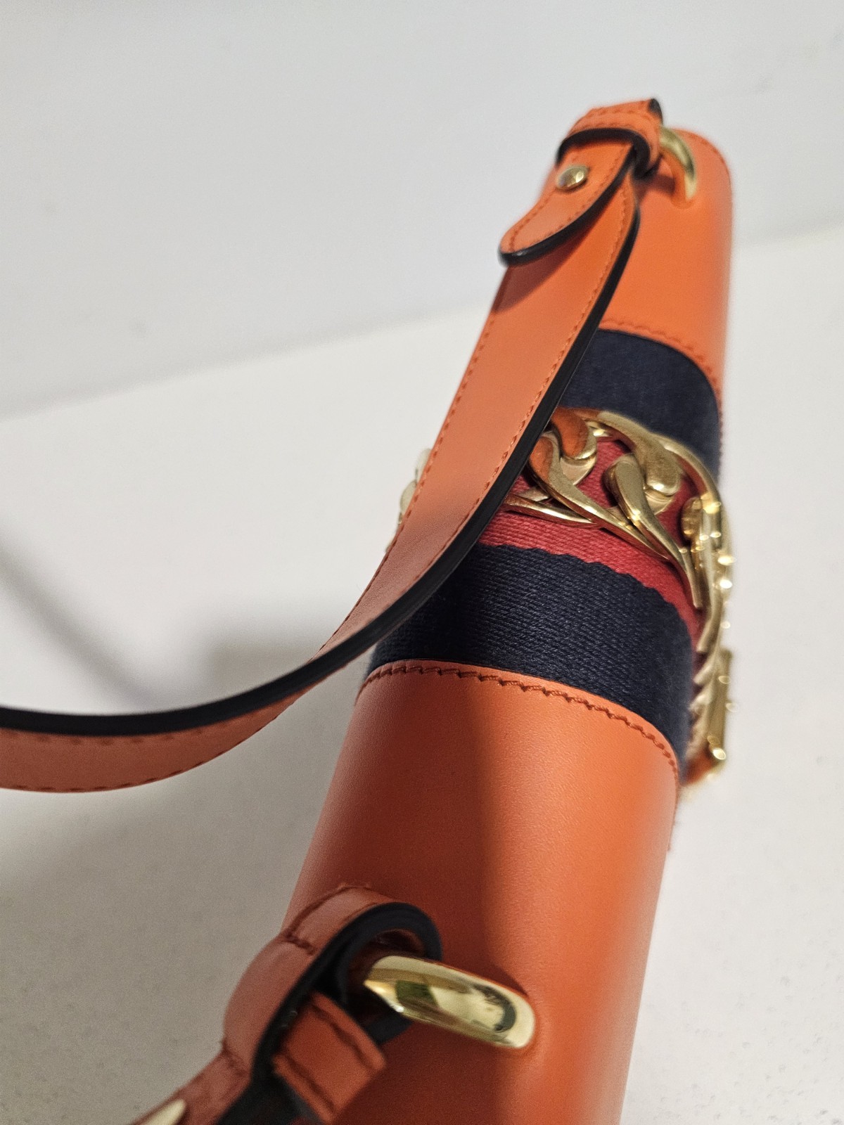Gucci Women’s Orange Striped Shoulder Bag, Gold Chain Lock, Detachable Strap