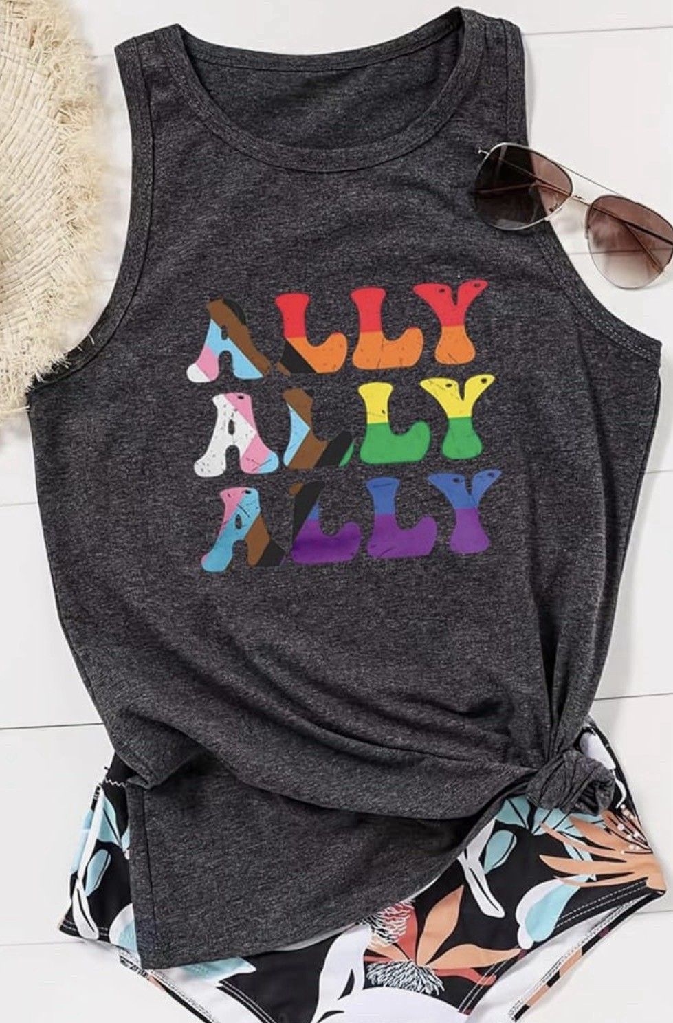 LGBT PRIDE Charcoal Rainbow ALLY Graphic Racerback Tank Top Women’s L Cotton